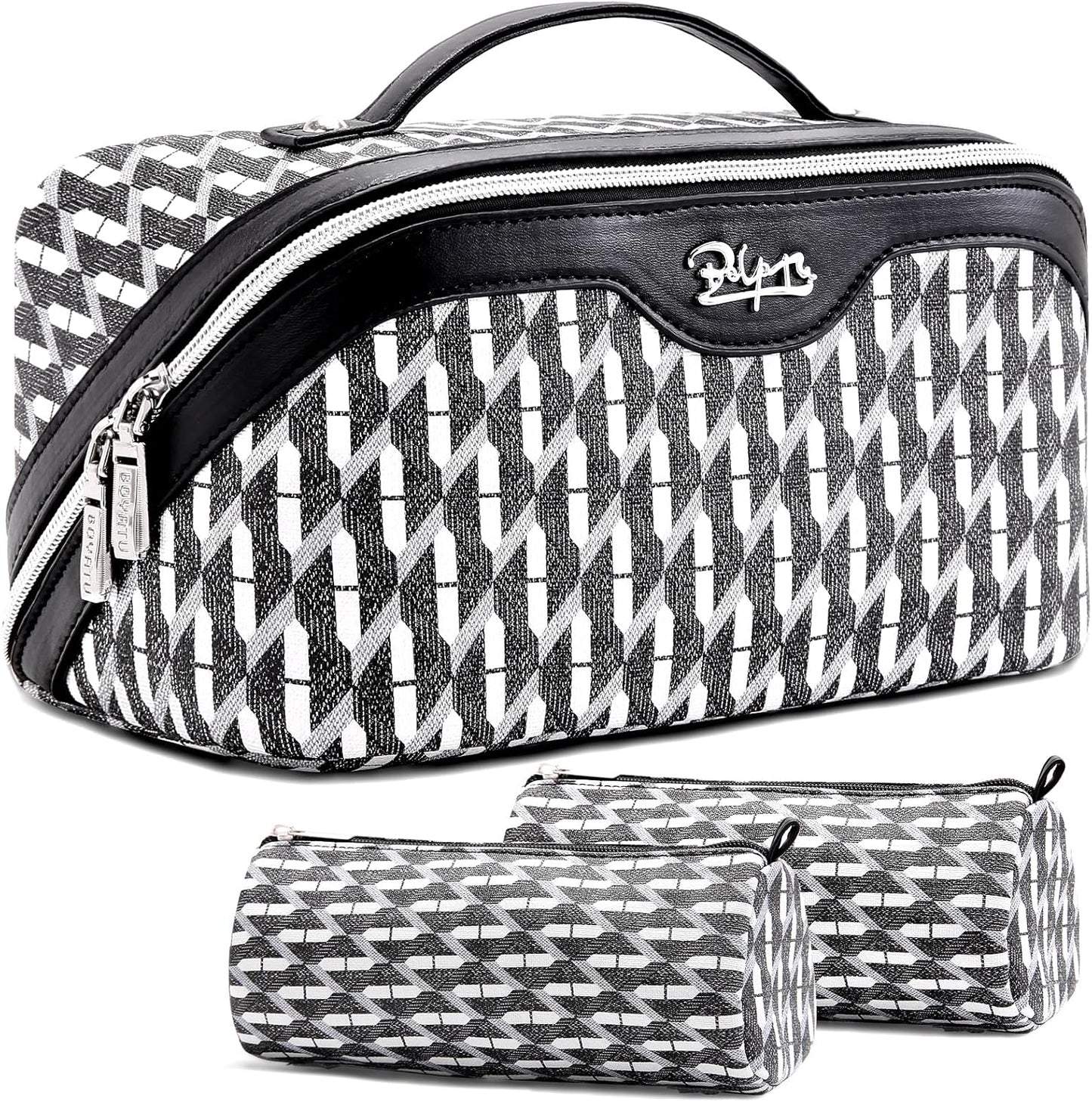 Travel Makeup Bag Organizer Set - 3 Pcs Waterproof Vegan Leather Cosmetic Bags for Women | Black