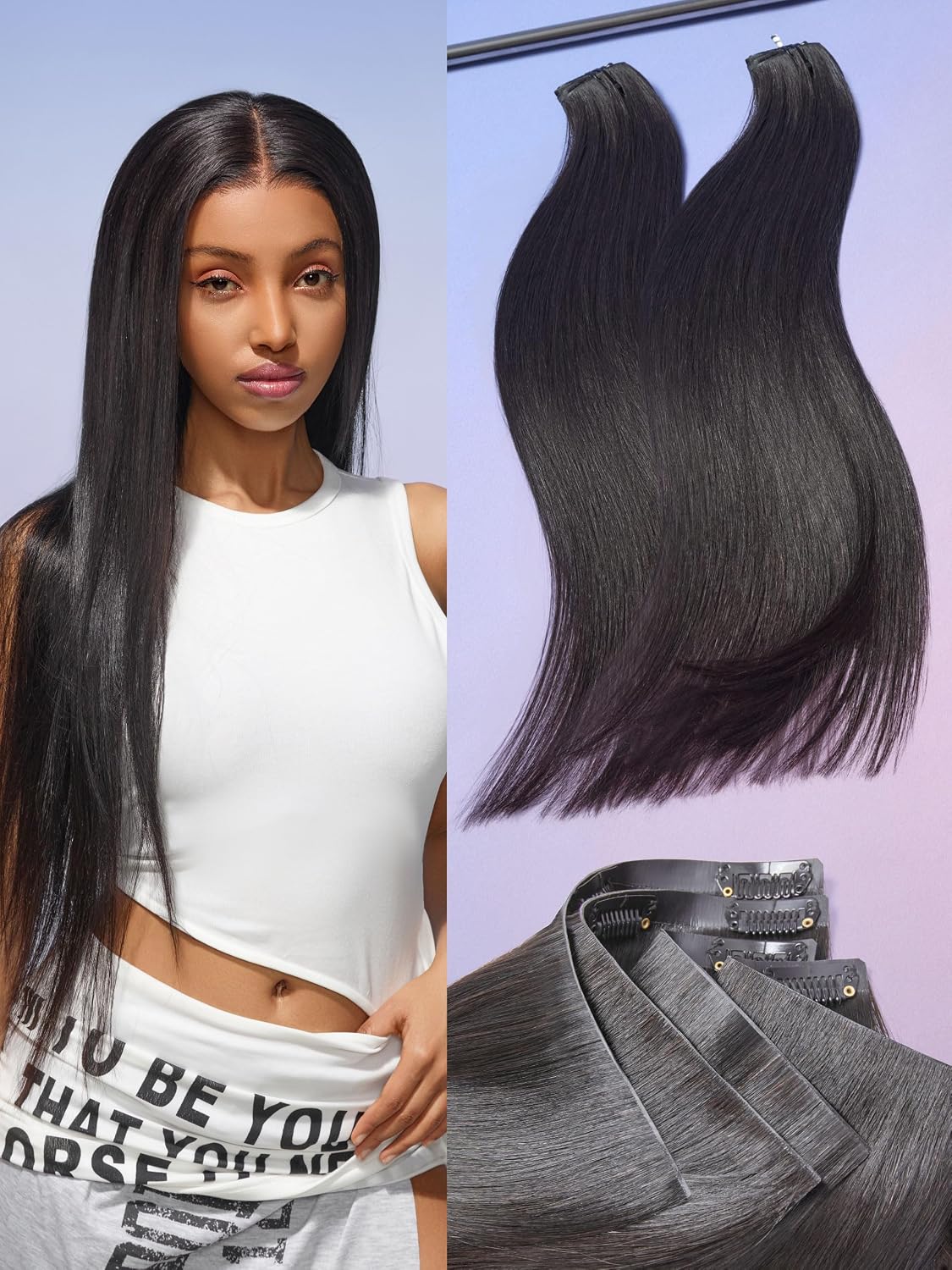 LUVME Invisible Clip-In Hair Extensions - 0.59mm Yaki Straight 24 Inch, 100% Real Human Hair, 6 Pcs 100g | Wider Wefts for Easy Sectioning