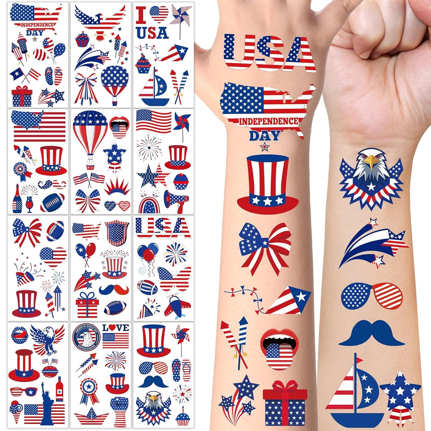 Fourth of July Tattoos for Kids - 106 PCS Patriotic Temporary Stickers | American Flag Red, White & Blue Decor