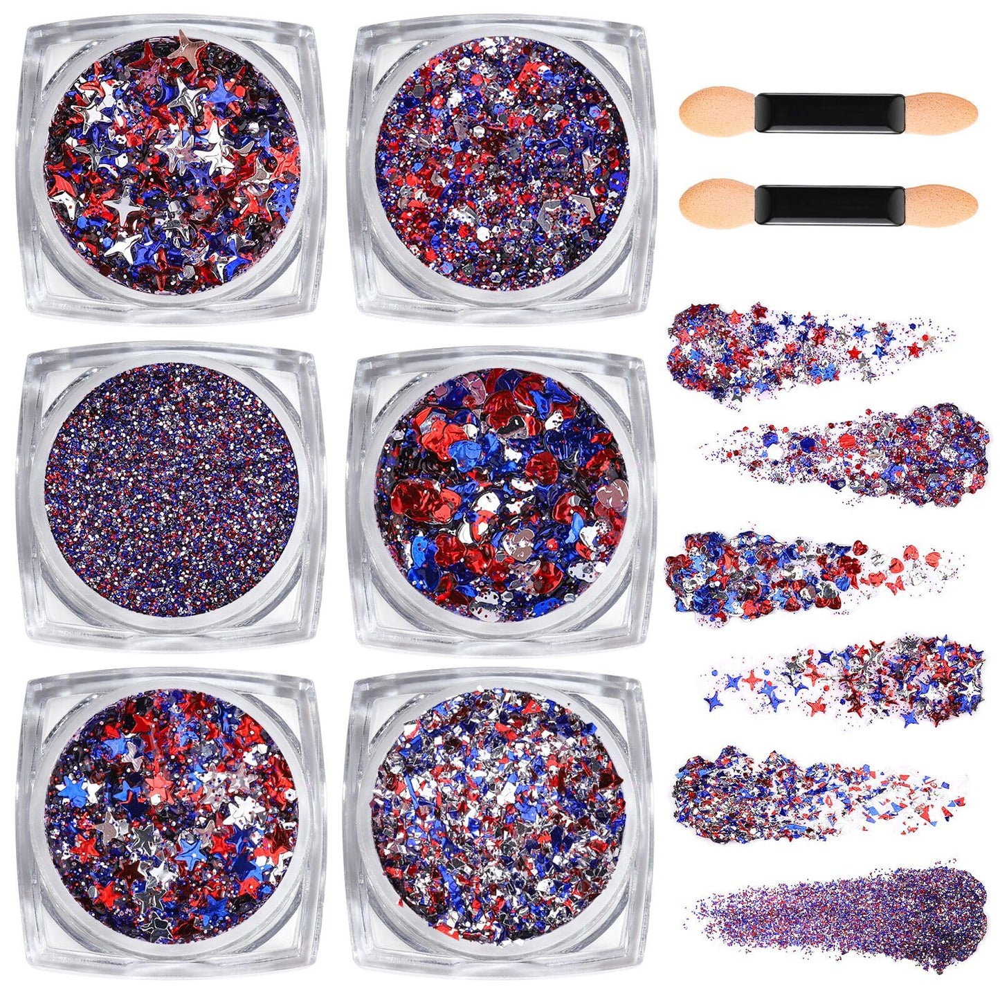 Teenitor Body Glitter Gel, 6 Shape Red White and Blue Face Glitter, 4th of July Accessories Hair Glitter for Kids, 4th of July Outfits USA Accessories for Women, Blue Face Glitter for Independence Day