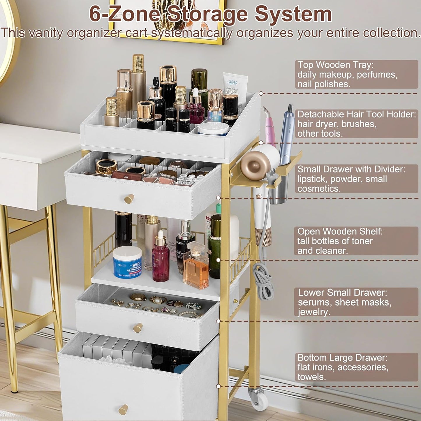Makeup Organizer Cart - Rolling Vanity Storage with 3 Drawers & Adjustable Dividers | Gold & White