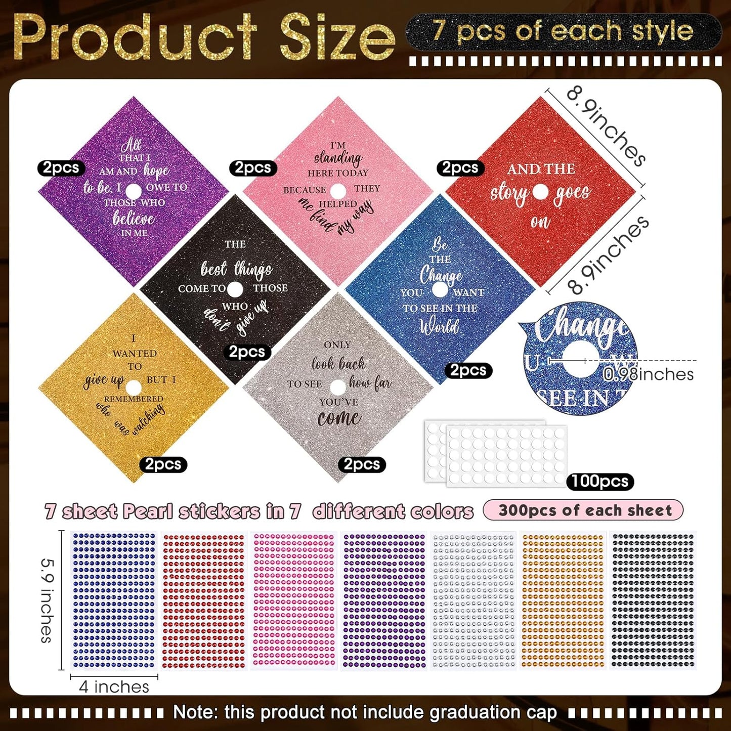 Personalized Graduation Cap Topper - 14 Pcs DIY Glitter Decorations | Includes 7 Pearl Stickers for 2026