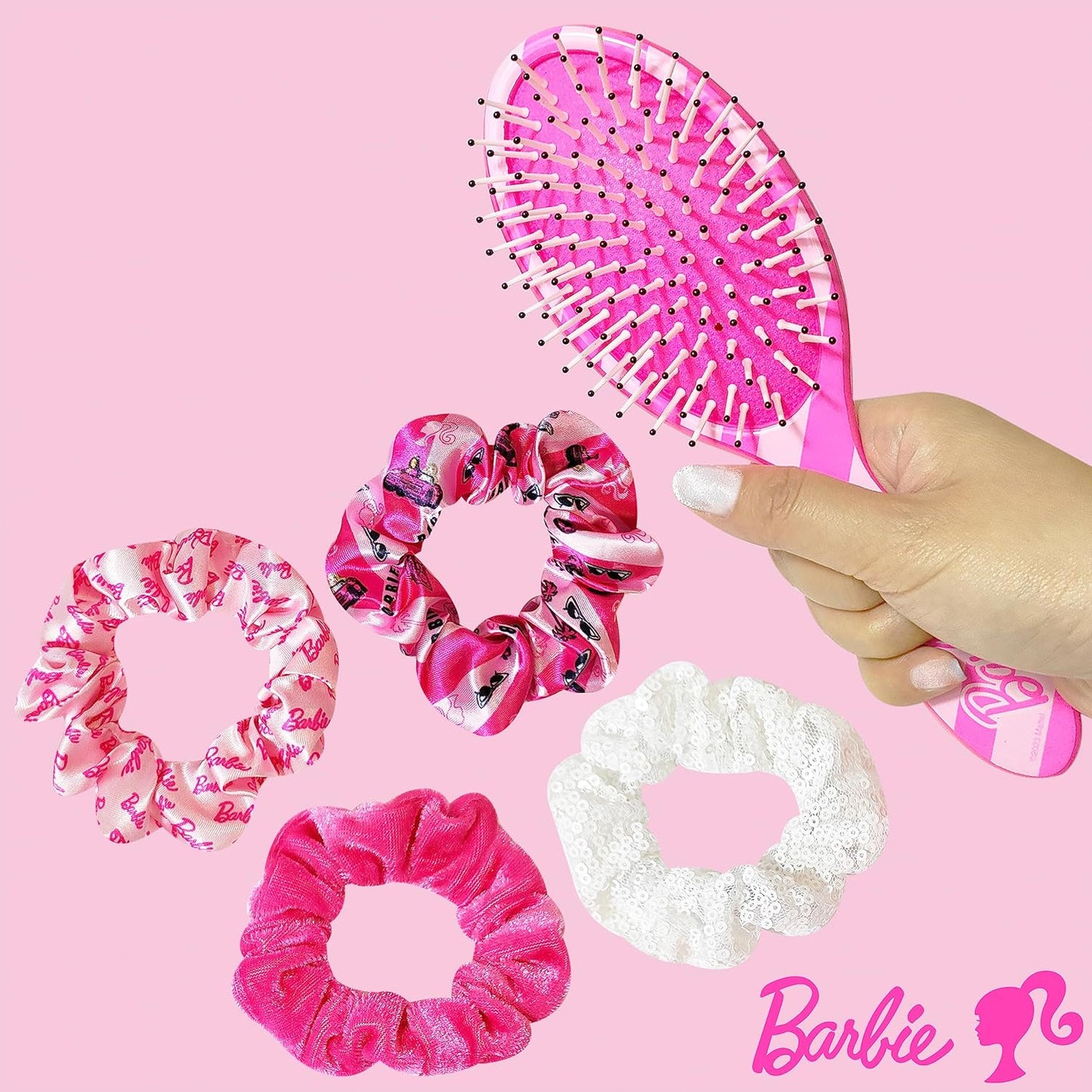 Barbie Hair Accessory Set - 5 Pcs Including 9-Inch Detangling Brush & 4 Colorful Scrunchies | For Ages 3+