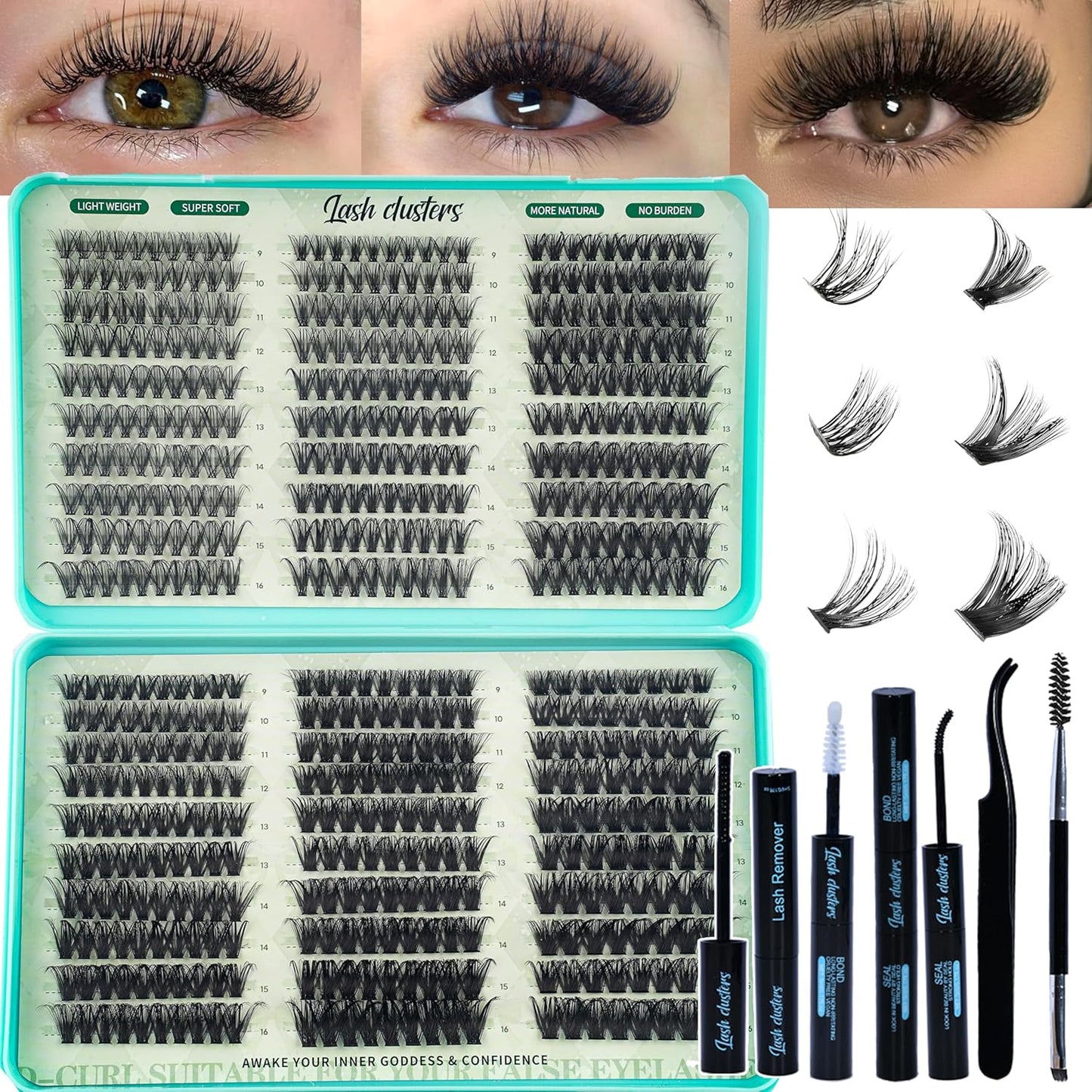 Lash Clusters Kit - 640pcs Wispy 30D/40D D Curl Individual Extensions | Natural 9-16mm with Bond, Seal & Tweezers