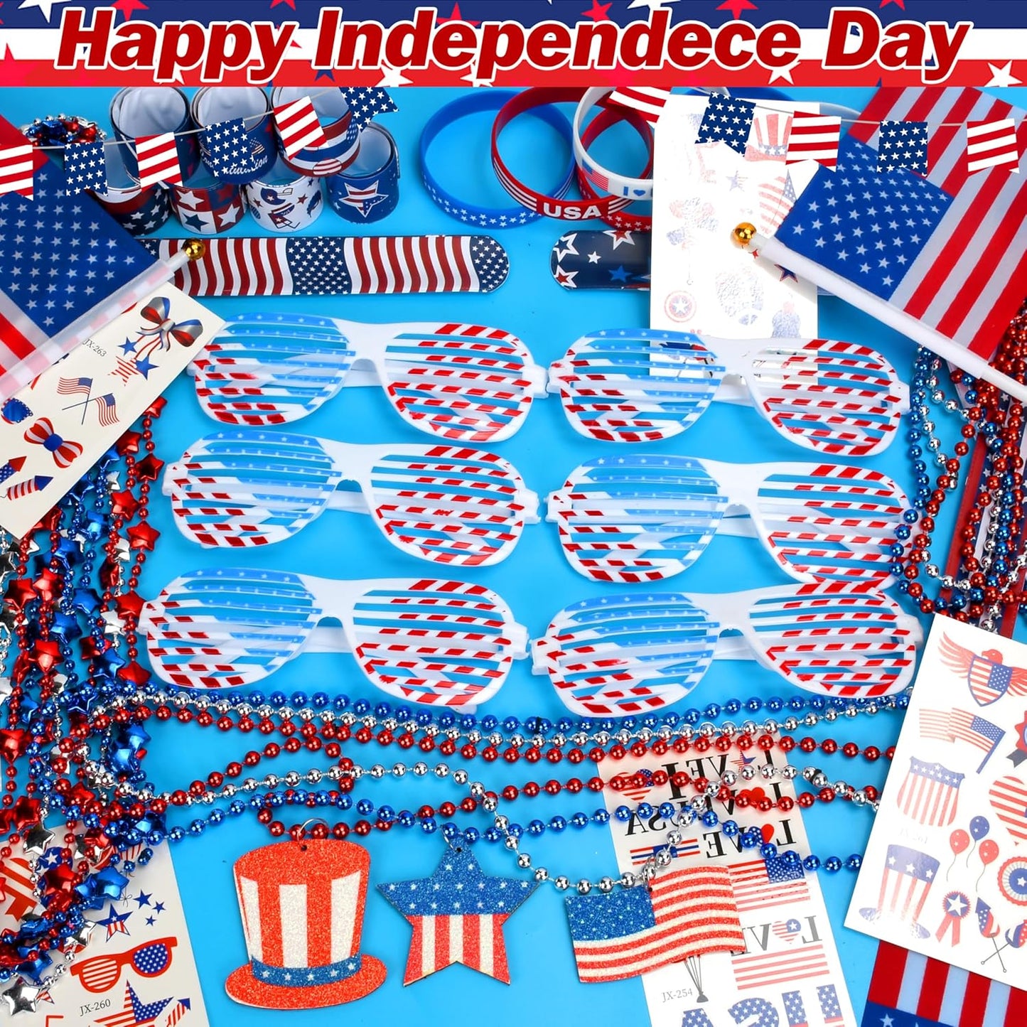 4th of July Patriotic Accessories Set - 147 Pcs Glasses, Necklaces, Bracelets & Tattoos | Independence Day Party Decor