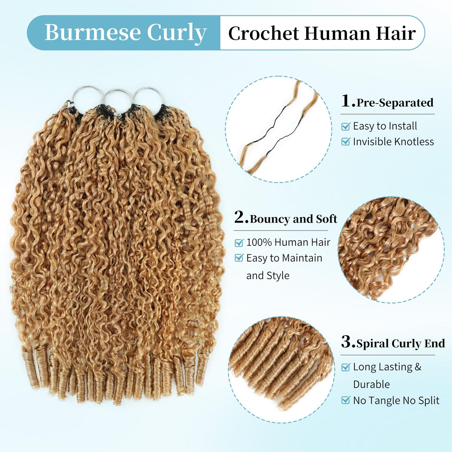 KULYMUWIG Honey Blonde Burmese Curly Crochet Human Hair 22 Inch 180g Pre-Separated Feather Human Crochet Hair Bundles 27# Invisible Miracle Knots Hair Extensions