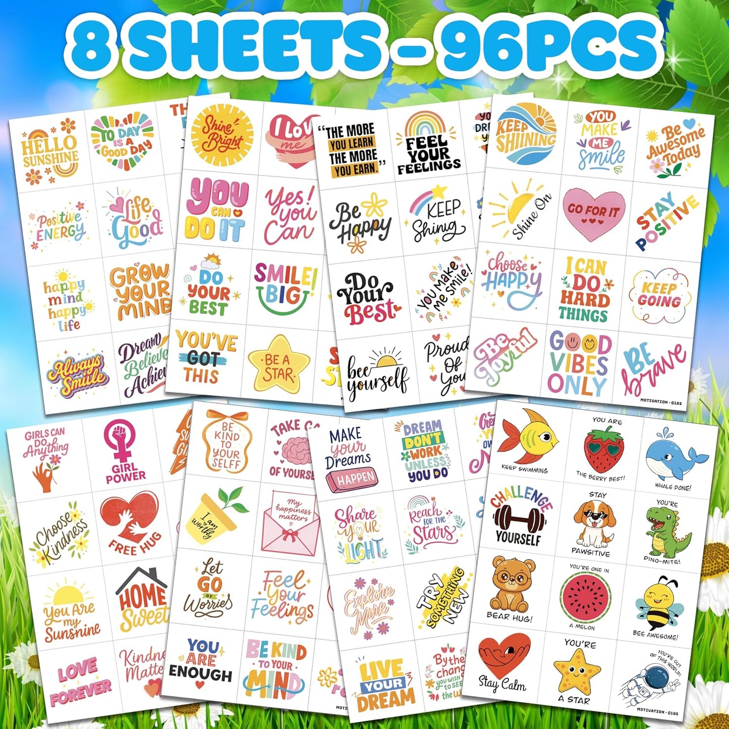 Motivational Temporary Tattoos for Kids - 96 PCS Cute Inspirational Party Favors | School Rewards & Gifts
