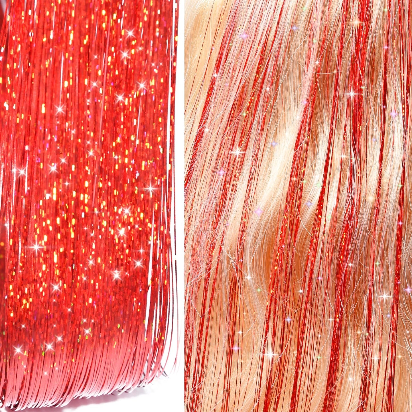 Hair Tinsel, Hair Tinsel Kit for Girls 1800 Strands Fairy Tinsel Hair Extensions Holographic Hair Tinsel Heat Resistant Colored Hair Glitter Christmas Party Festival (Red)