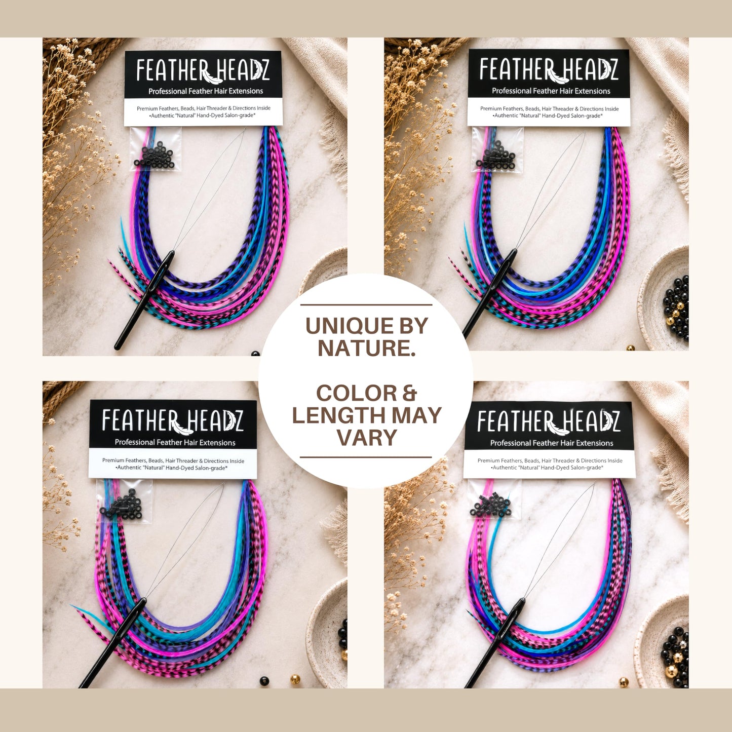 21 Purple Pink & Turquoise Color Hair Extensions – 9”–14” Long – DIY Rooster Kit with 20 Micro-Link Beads – 100% Real Feathers – Eye-Catching Boho Style