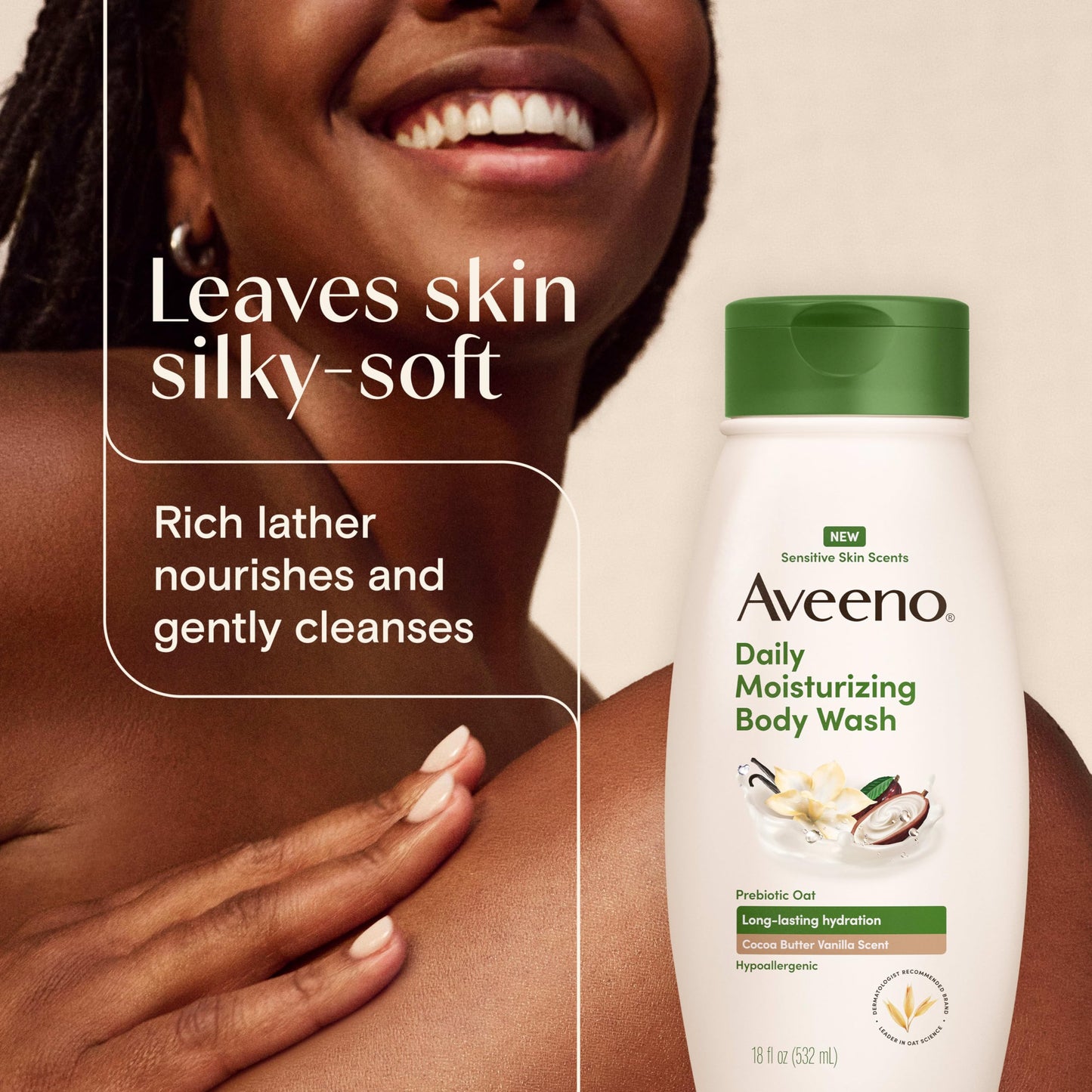 Aveeno Daily Moisturizing Body Wash with A Cocoa Butter Vanilla Scent & Soothing Prebiotic Oat, Provides Long-Lasting Hydration for Sensitive Skin, Hypoallergenic, Paraben-Free, 18 fl. oz