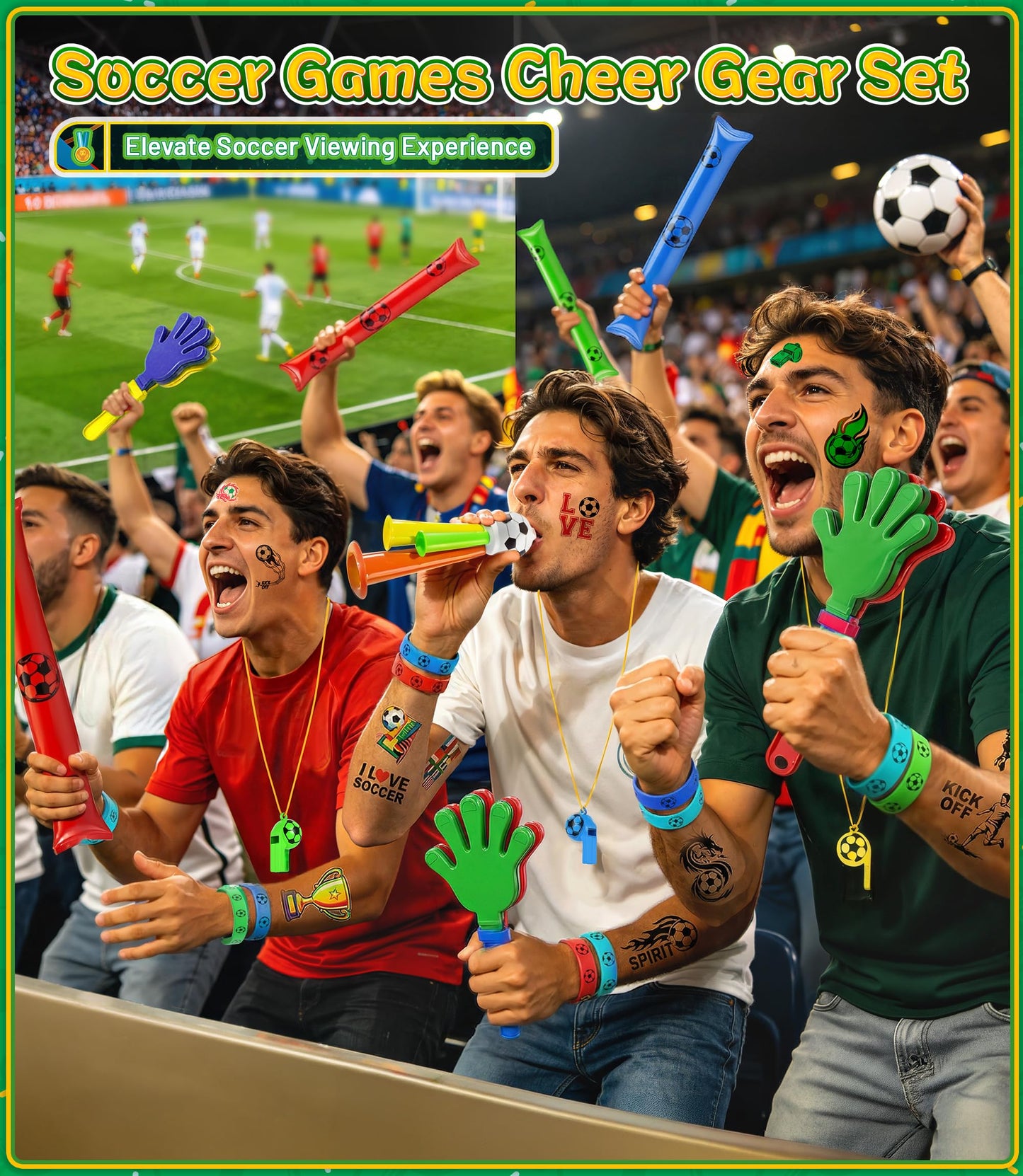 Soccer Party Favors 2026 Soccer Fan Support Accessories Kit, 48 PCS Cheering Supplies with Thundersticks, Clappers, Wristbands, Stickers for Sporting Events, Game Day Watch Party & Stadium Essentials