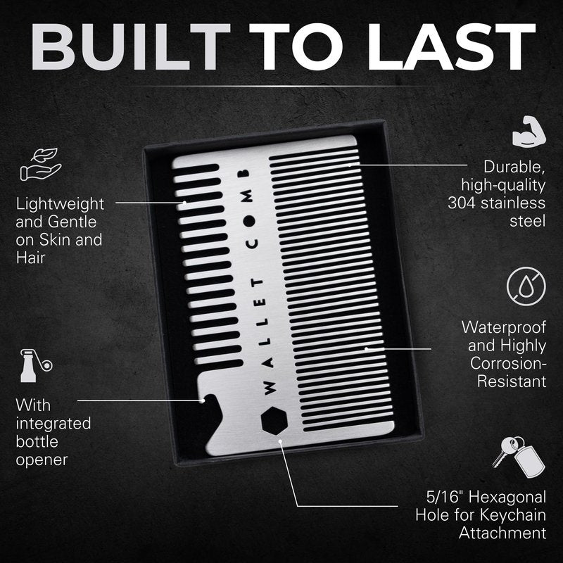 Wallet Comb Stainless Steel Hair Comb, Anti-static, Fine-tooth, Travel or Camp Comb, Light Weight Metal Comb, Dandruff Comb, Bottle Opener, Credit Card pocket Comb for Thinner Hair, Beard & Mustache