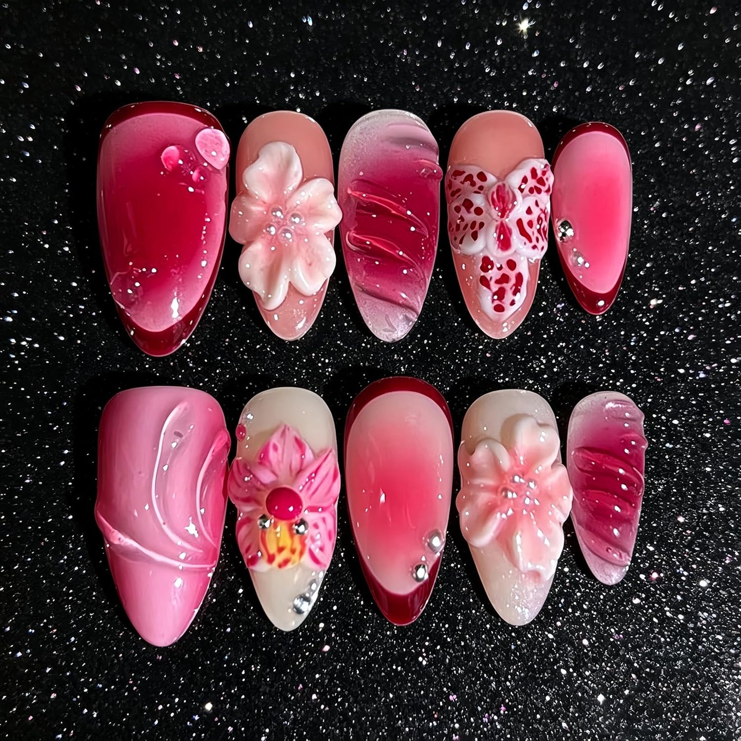 Almond Press-On Nails Set - 30Pcs 3D Pink Flower & Gold Beads | Reusable Floral Design for Beach Vacation