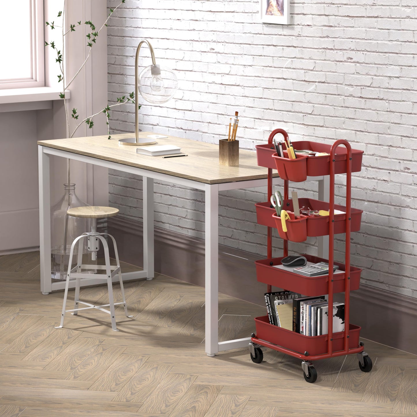 Simple Houseware 4-Tier Rolling Utility Cart with Hanging Bucket, Red