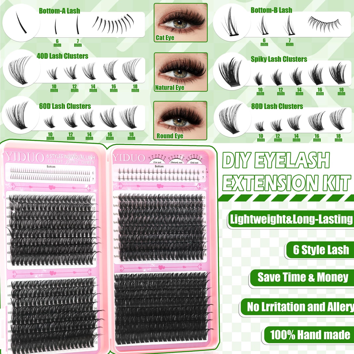 YIDUO 1846Pcs Lash Clusters Kit with Spikes+Bottom Cluster Lashes Kit Mix Styles 10-18mm Volume D Curly Wispy Soft DIY Individual Eyelash Extension Kit with Glue pestañas postizas Wholesale Large Pack