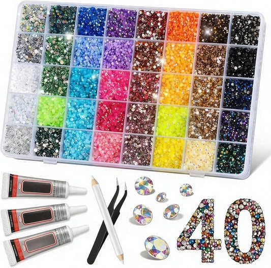 Resin Jelly Rhinestones - 32000 Pcs 3mm Flatback Gems Kit for Crafting | 40 Colors for Clothes, Shoes & Nail Art