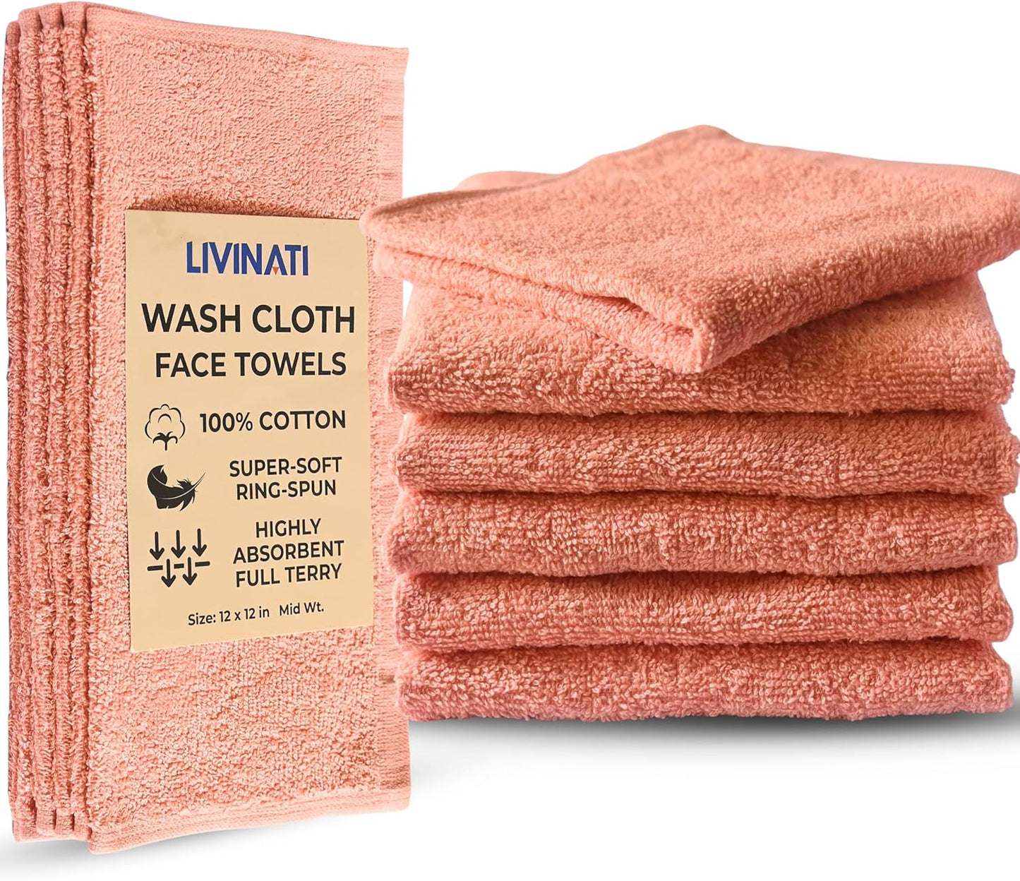 100% Cotton Wash Cloths - Soft Absorbent Terry Towel for Body & Face | 12 Pack, 12”x12”