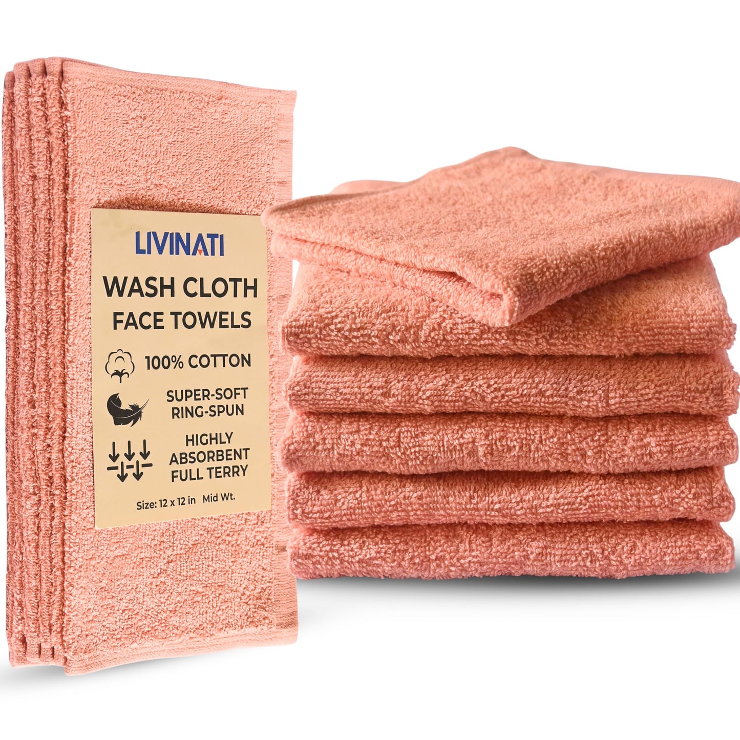 LIVINATI Peach 100% Cotton Wash Cloths for Showering Body and Face - 12"X12" 6 Pack Washcloths - Small Terry Towel Bath Rags for Adults and Kids Bathroom - Soft Absorbent