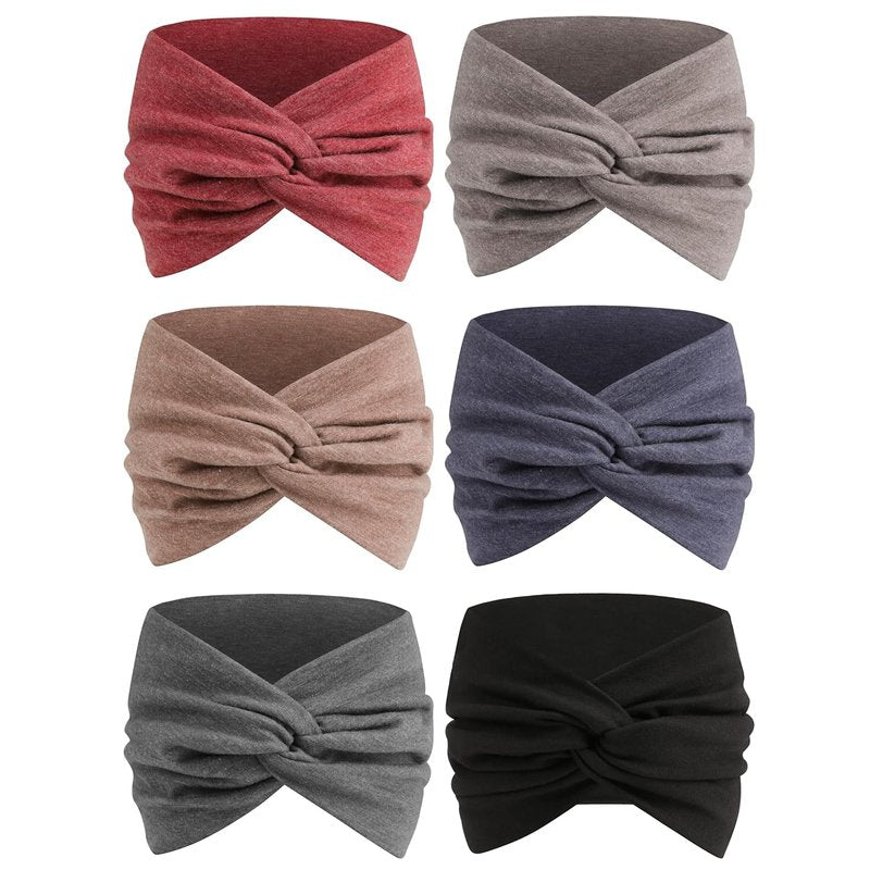 Extra Wide Headbands for Women - 7'' Cotton Turban Knotted Bandanas | Non-Slip Boho Hair Accessories - 6 Pack