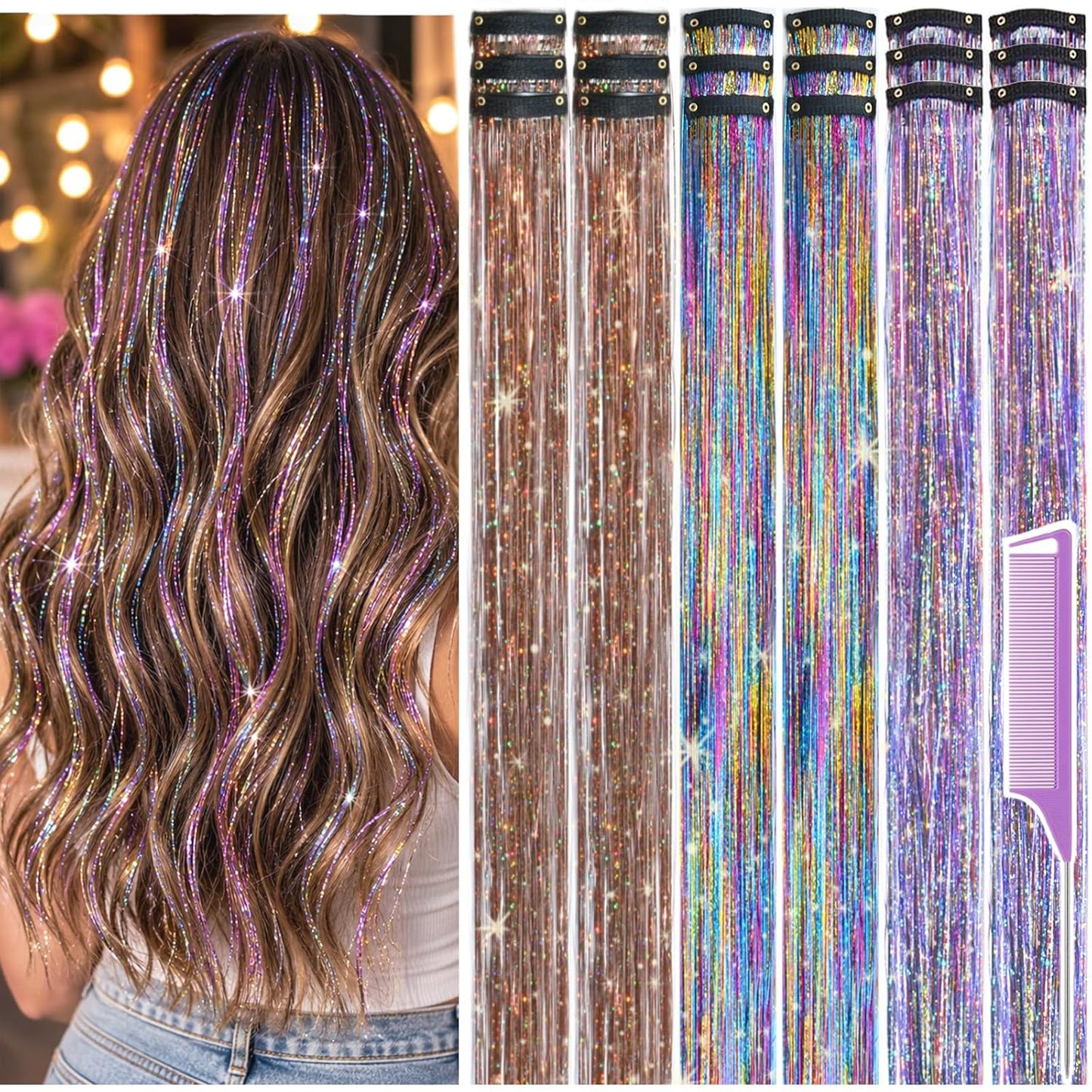 Hair Tinsel Clip-Ins - 22 Inch Glitter Hair Extensions Kit | 18 Pcs for Women & Girls - Gold, Silver, Pink