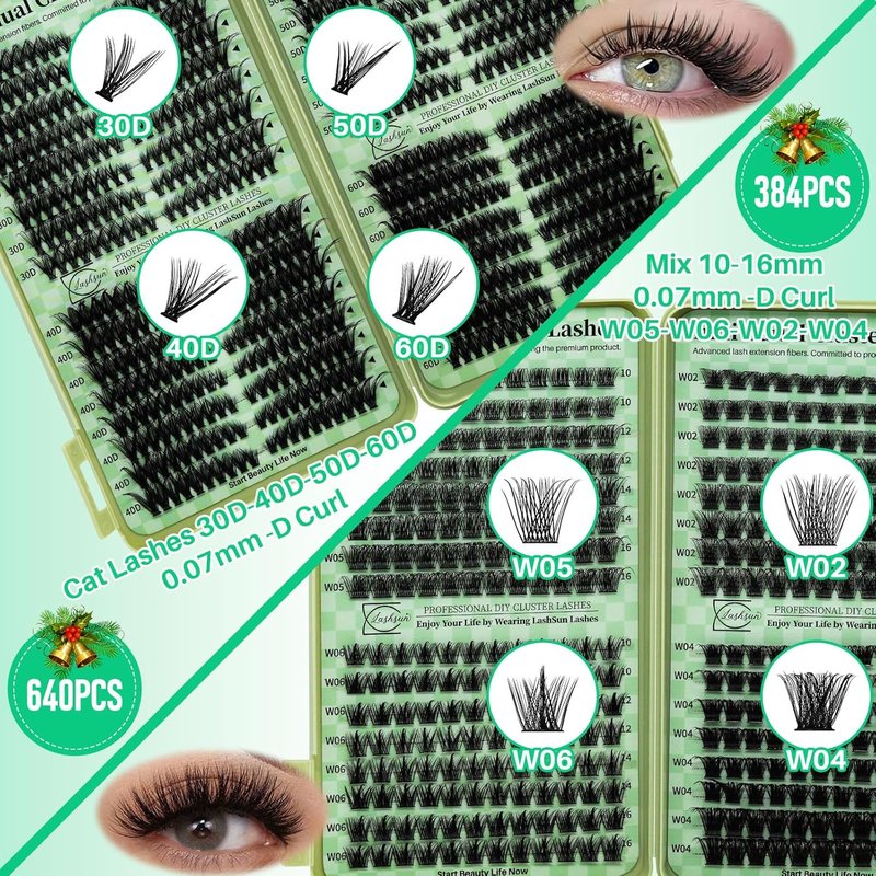 Lash Clusters Kit - Wispy Cat Eye Eyelash Extensions | 2304PCS DIY Set with Bond, Seal, Remover & Tweezers