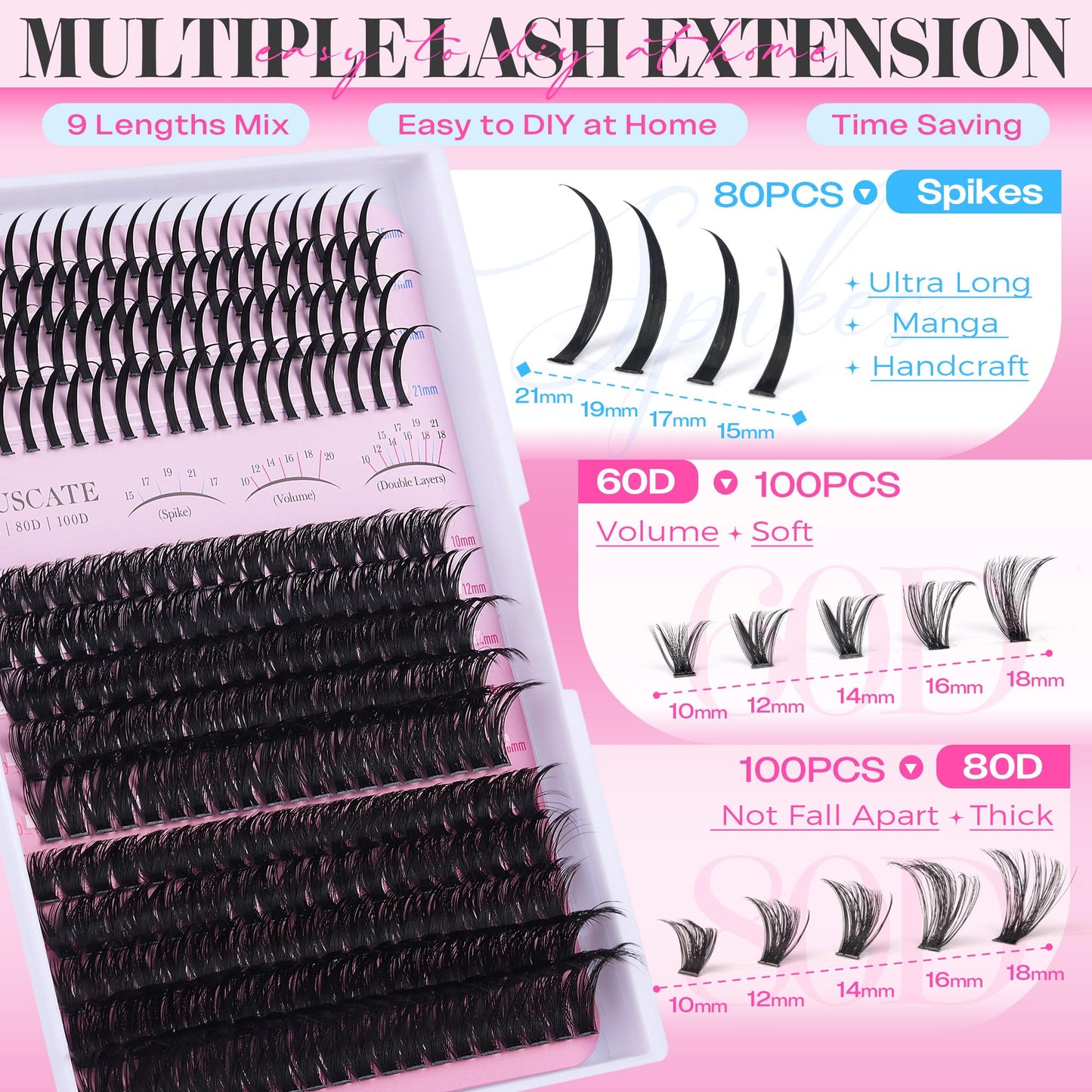 CORUSCATE Lash Clusters 60D80D with Lash Spikes Eyelash Clusters Volume Cluster Eyelash Extensions 10-21mm DIY Spiky Individual Lashes Mega Eyelashes Mink Strip Cluster Lashes