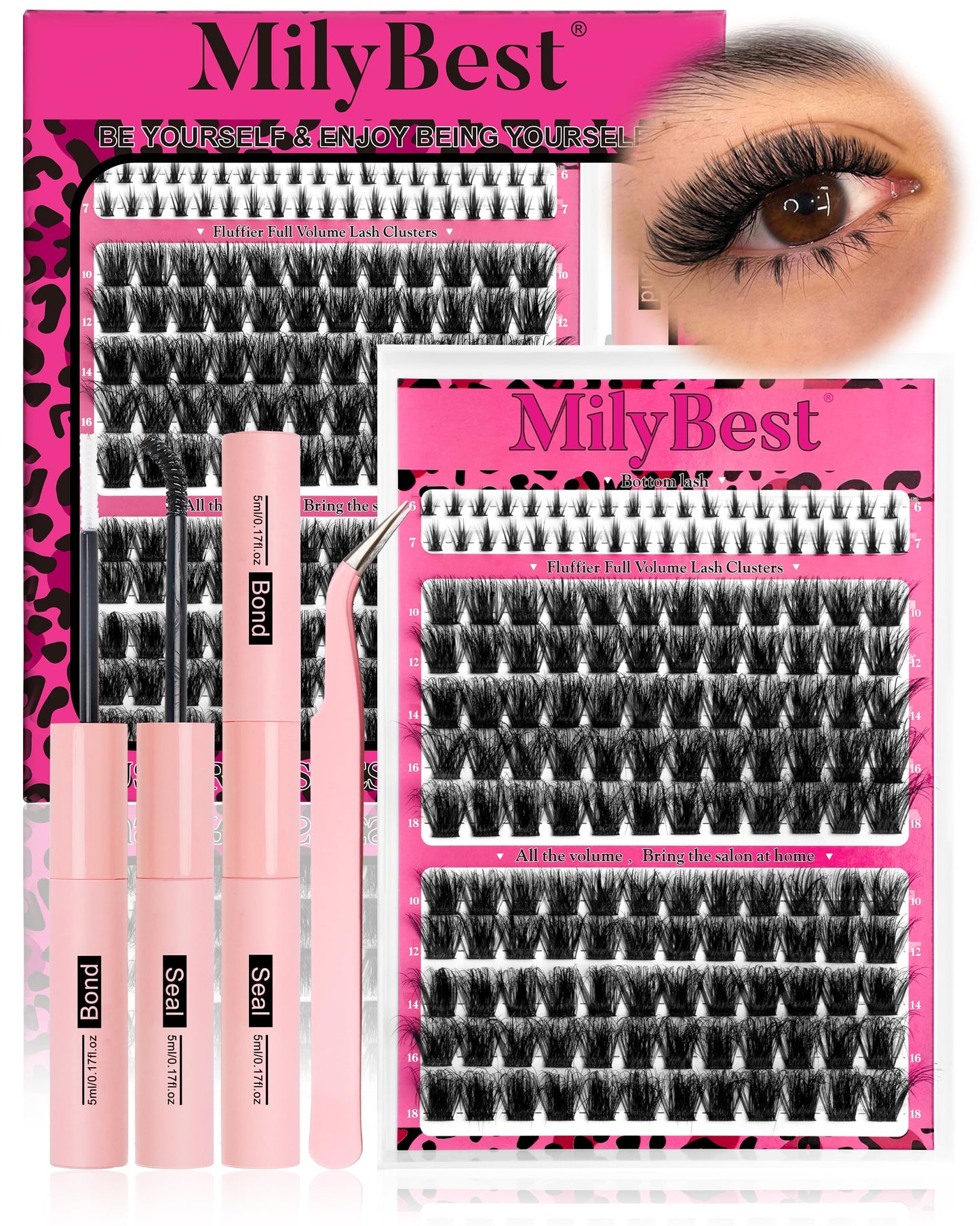 MilyBest Fable Lash Clusters Kit Volume Fluffy Eyelash Clusters with Bottom Lashes 10-18mm Individual Lashes Clusters Manga Lash Extension Kit Waterproof Bond and Seal Thick Full D-Curly Eyelashes