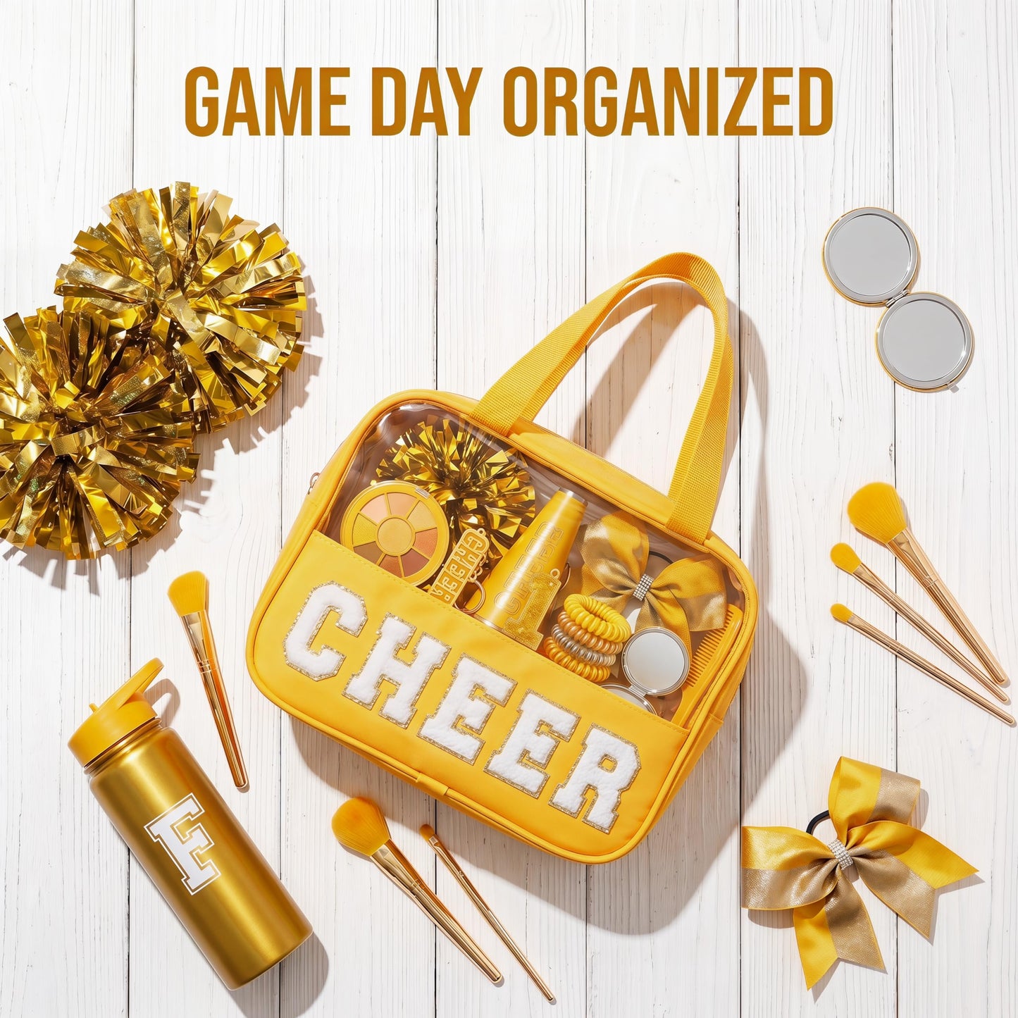 KYTACCU Cheer Makeup Bag Cheerleader Gifts Cheer Chenille Letter Cosmetic Bag Cheerleading Competition Accessories Clear Travel Toiletry Pouch for Girls Women-Yellow