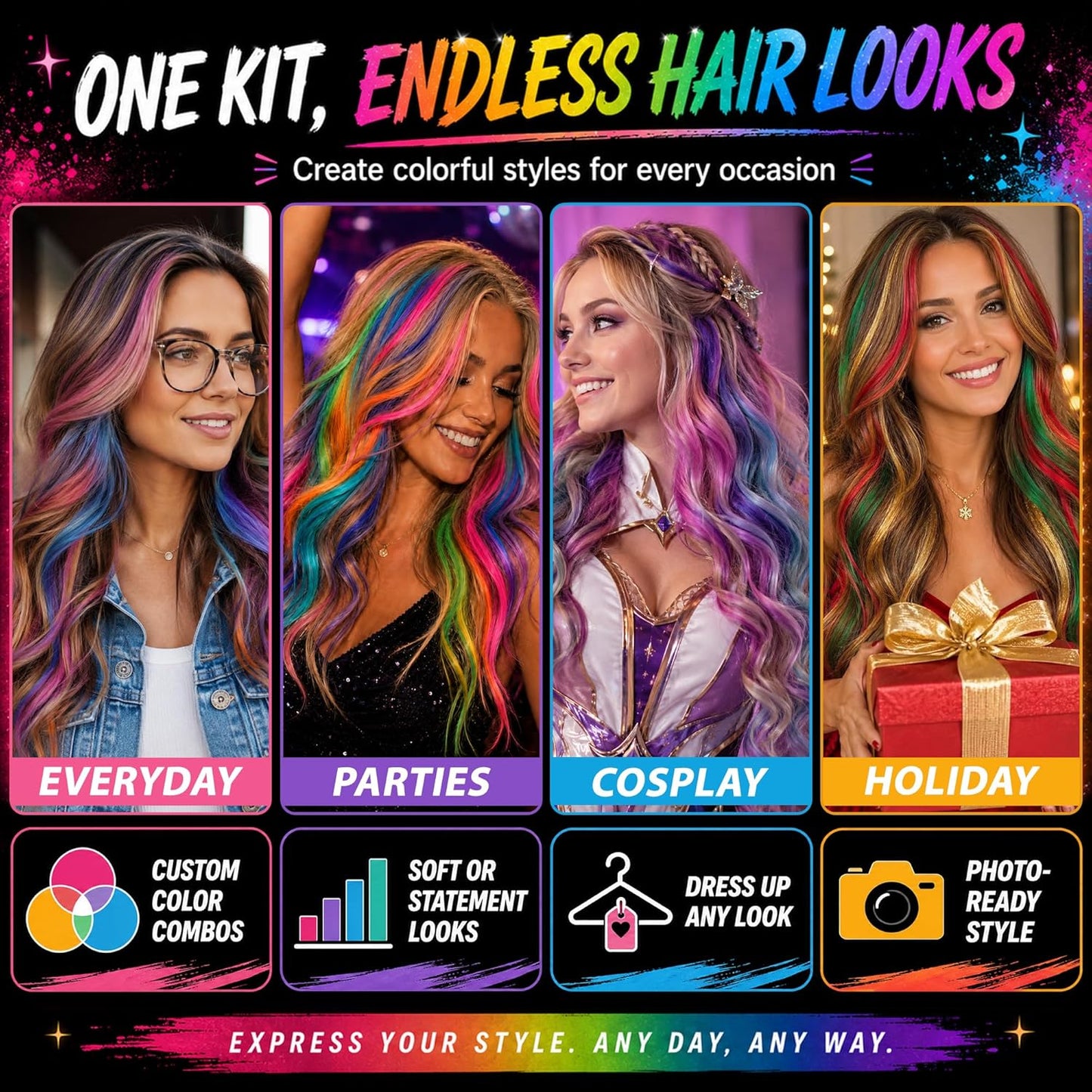 Dustless Hair Chalk for Girls - Washable Temporary Hair Color | Fun Makeup Kit for Teens & Adults