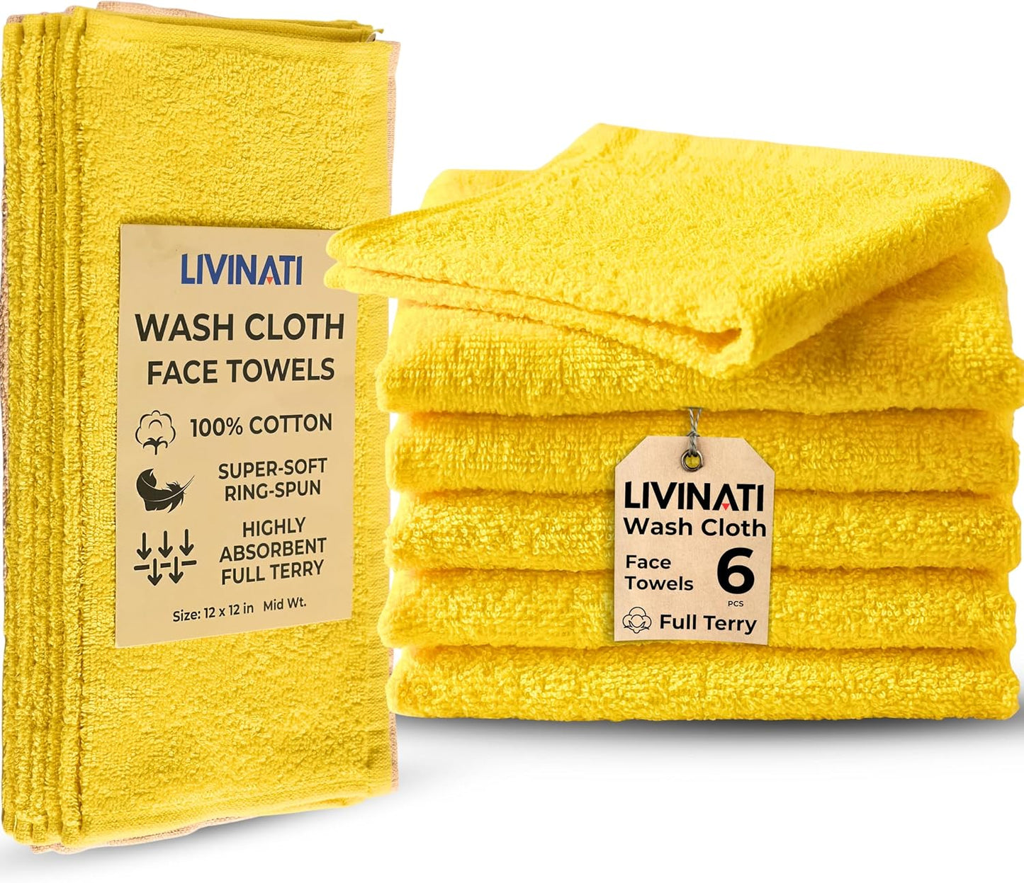 100% Cotton Wash Cloths - Soft Absorbent Terry Towel for Body & Face | 12 Pack, 12”x12”
