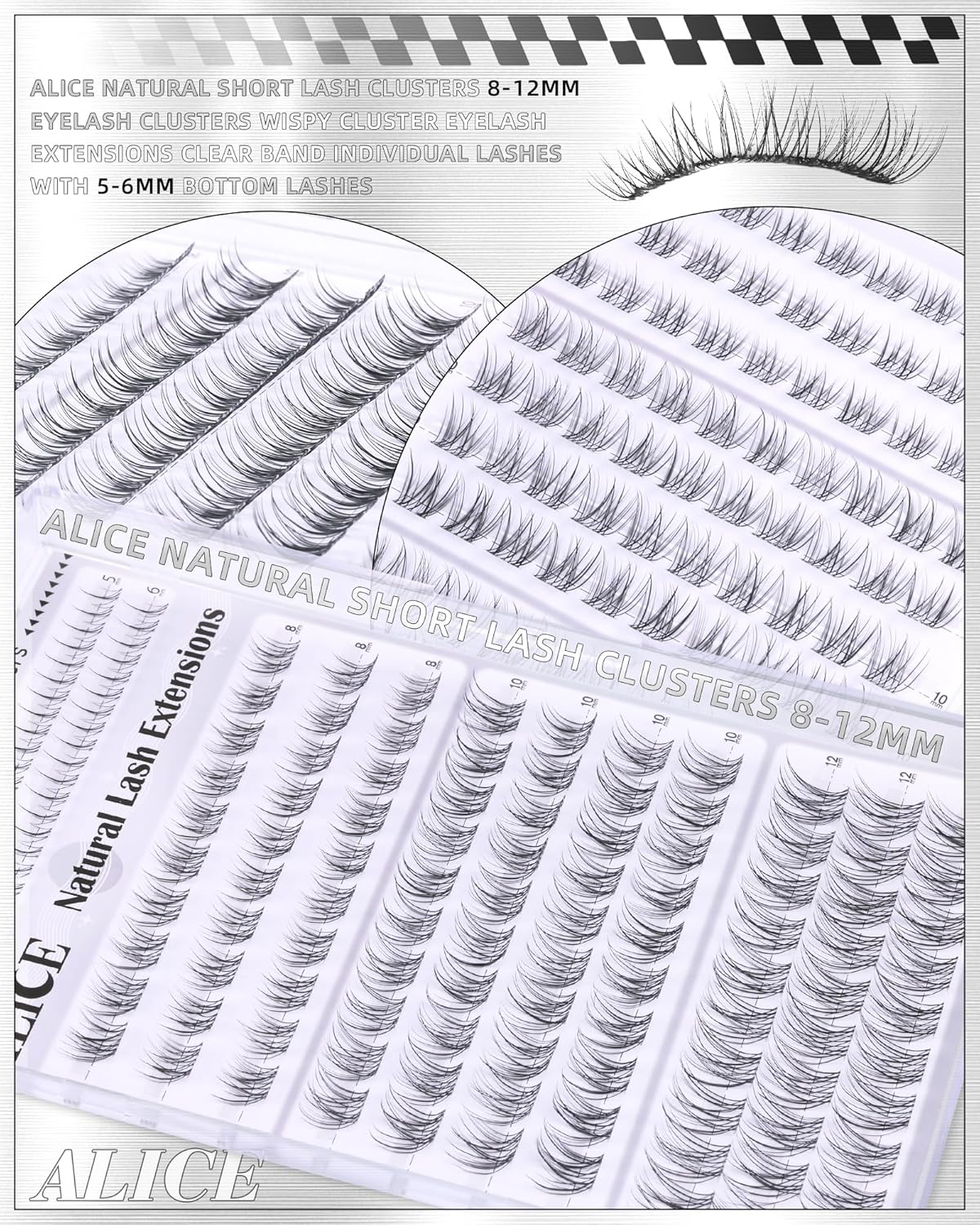 Eyelash Clusters - Natural Short Wispy Extensions 8-12mm | Individual Lashes with Clear Band & 5-6mm Bottom Lashes