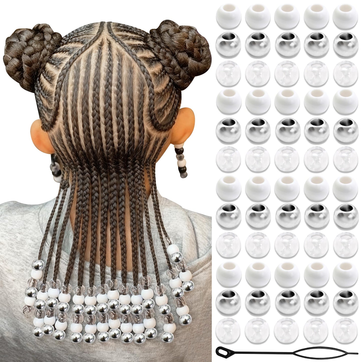 NAISKA 60PCS Clear Hair Beads Acrylic Beads for Braids Round Pony Bead Hair Bead for Kids Girls Silver Dreadlock Hair Decoration Loc Hair Accessories for Unisex