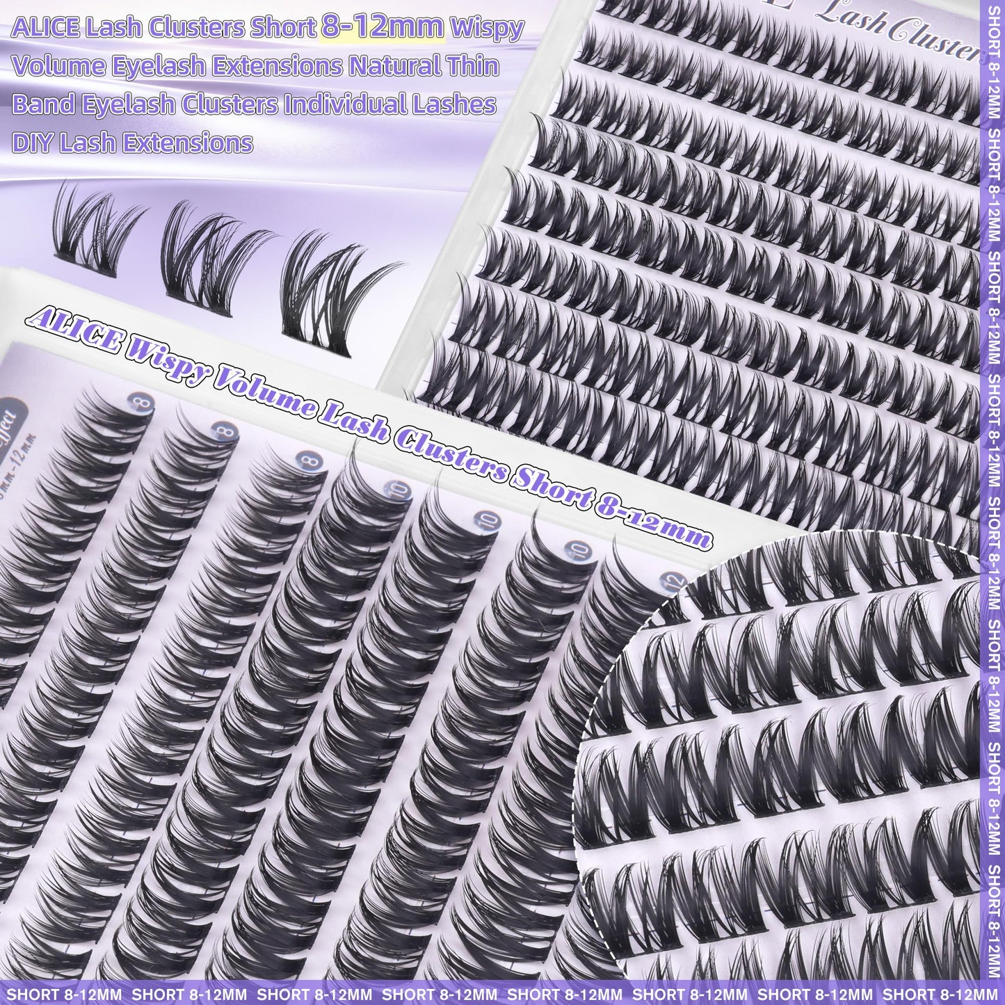 ALICE Short Lash Clusters 8-12mm Wispy Volume Eyelash Extensions Natural Thin Band Eyelash Clusters Individual Lashes DIY Lash Extensions