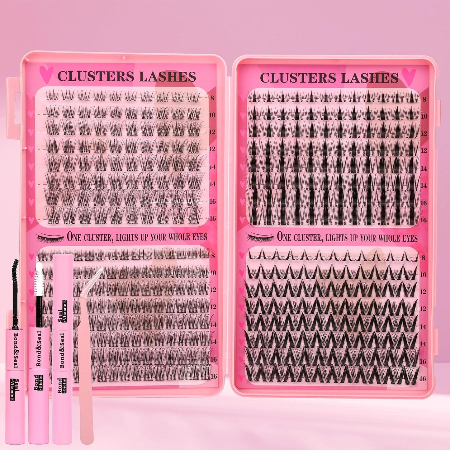 Lash Extension Kit - 640 Pcs Volume C Curl Eyelash Clusters | DIY Cluster Extensions with Bond & Tweezers