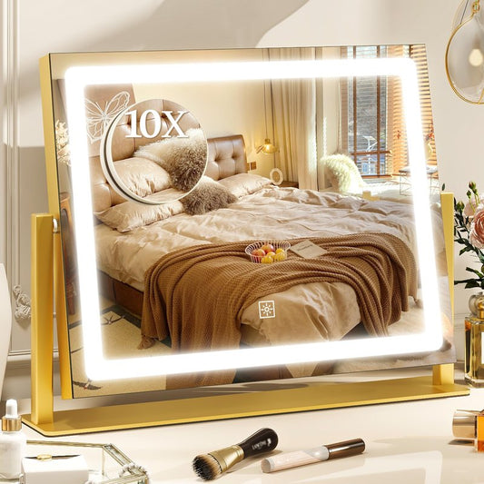 VEIOBFSA 12" x16" LED Vanity Mirror with Lights, Makeup Mirror with Lights and 10X Magnification, Lighted Makeup Mirror with 3 Color Modes＆Dimmable for Vanity Desk, Travel,Gold