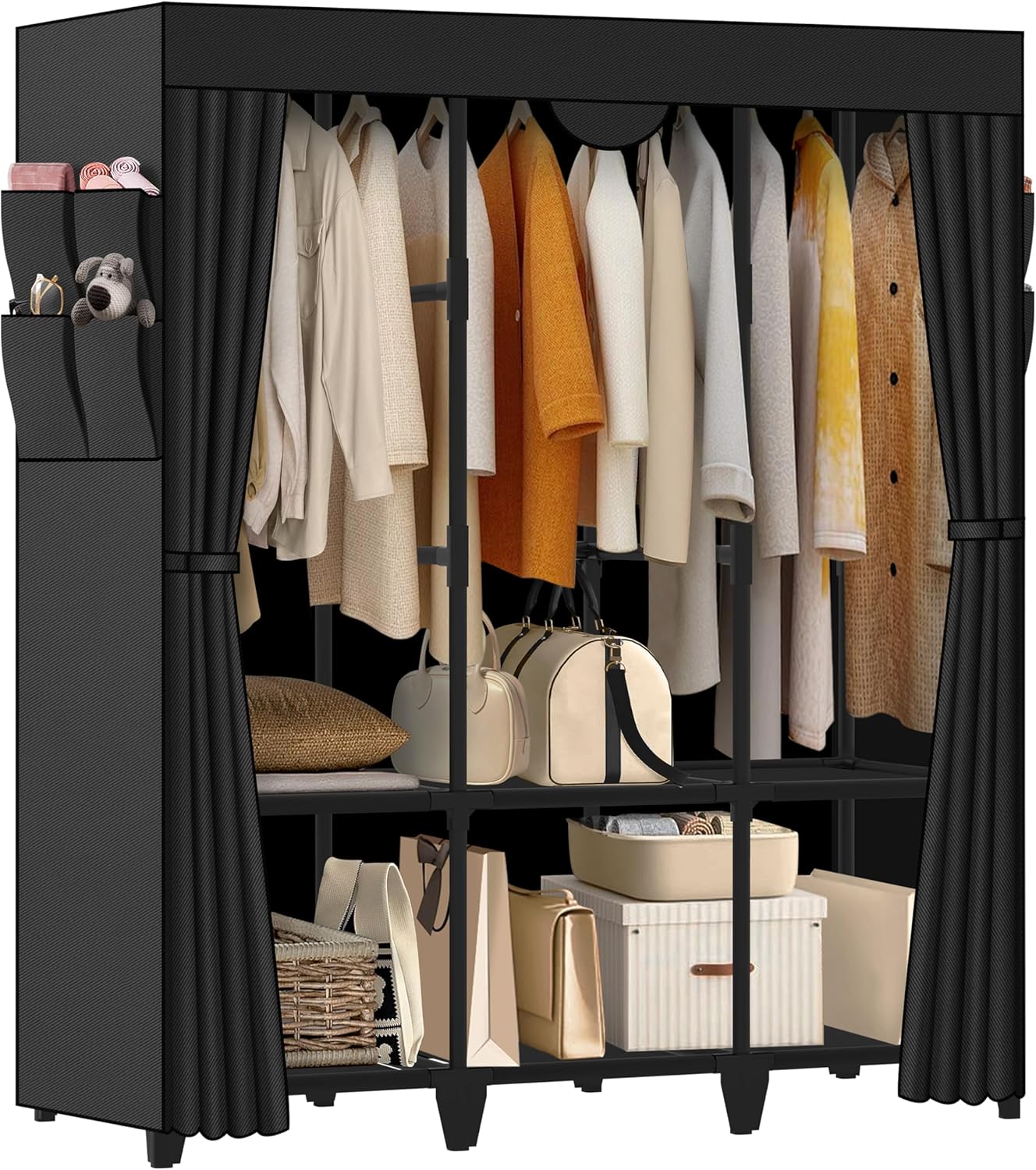 Portable Wardrobe Closet - Easy Assembly Black Clothes Rack with 2 Hanging Rods | 4 Shelves & 8 Pockets for Bedroom or Dorm