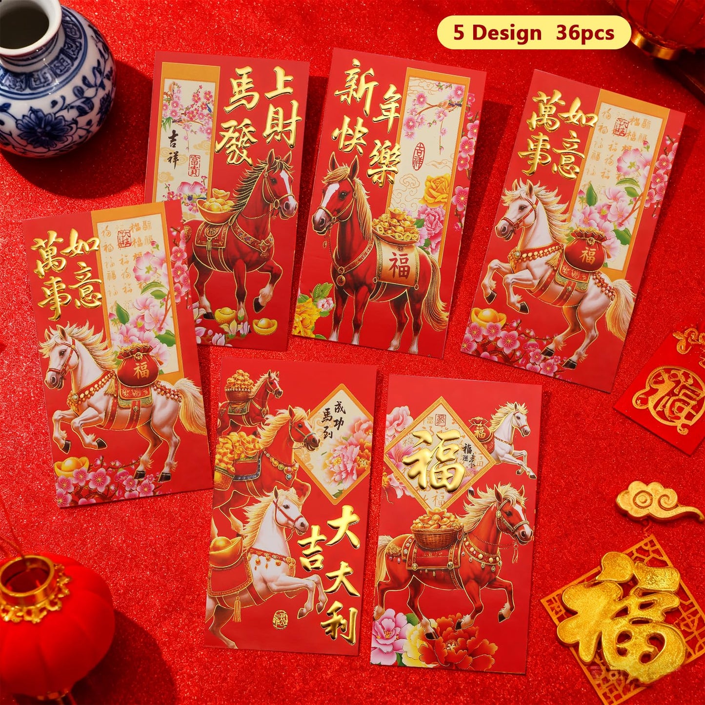 BRIOYHA 36 Pack Chinese New Year Red Envelopes, Year of the Horse Design Lucky Money Packets, 3.5x6.5 Inch Red Pockets for Lunar New Year Spring Festival Gifts