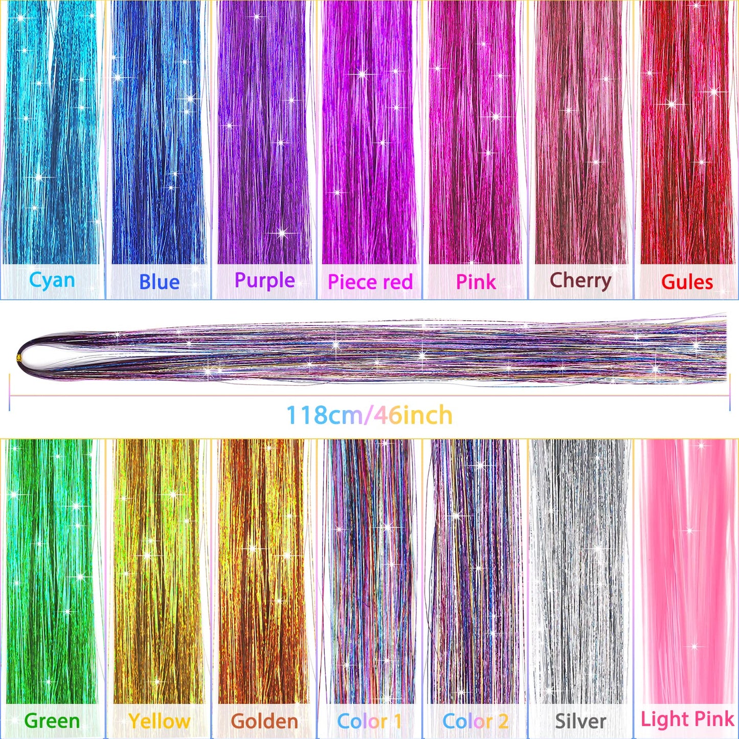 14 Colors Hair Tinsel Kit with Tool, 47 inch 2800 Strands Tinsel Hair Extensions for Women Girls, Fairy Hair Tinsel Glitter Sparkling Shiny Colorful Synthetic Hair for Party Daily Life Fashion