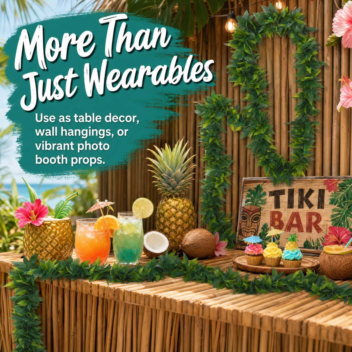 Housoutil Hawaiian Green Leaf Leis Set, Green Hawaiian Party Garland, Tropical Hula Dance Accessories, Artificial Foliage Necklace Headband Wristbands, Summer Beach Jungle Hula Costume for Party