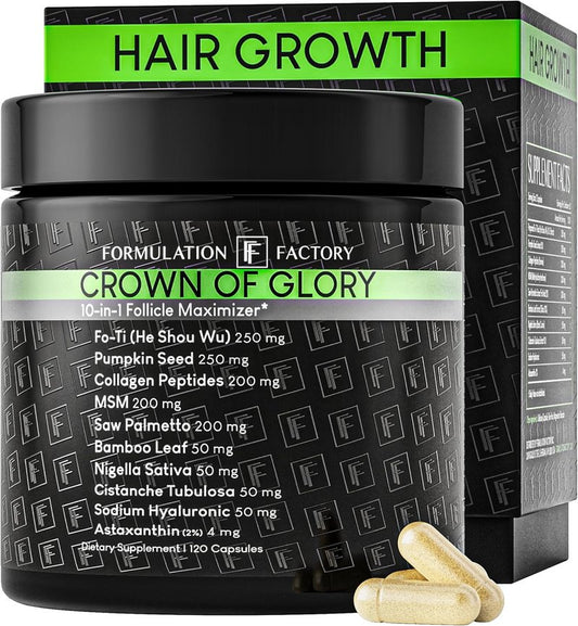 Crown of Glory 10-in-1 Hair Growth Formula - DHT Blocker with Pumpkin Seed Oil | 120 Capsules for Faster Growth & Thickness