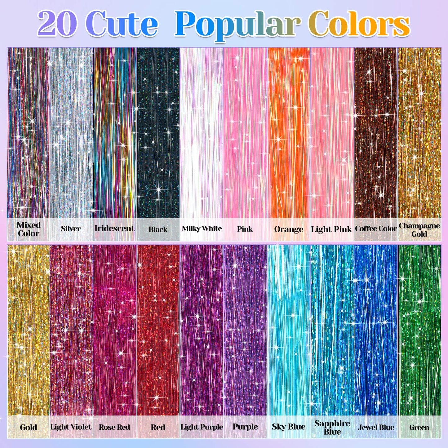 20 Colors Fairy Hair Tinsel Kit 4000 Glitter Strands 48Inch Heat Resistant Tinsel Hair Extensions Sparkling Shiny Highlights Hairs Tinsels with Tools for Christmas Halloween New Year Cosplay Party