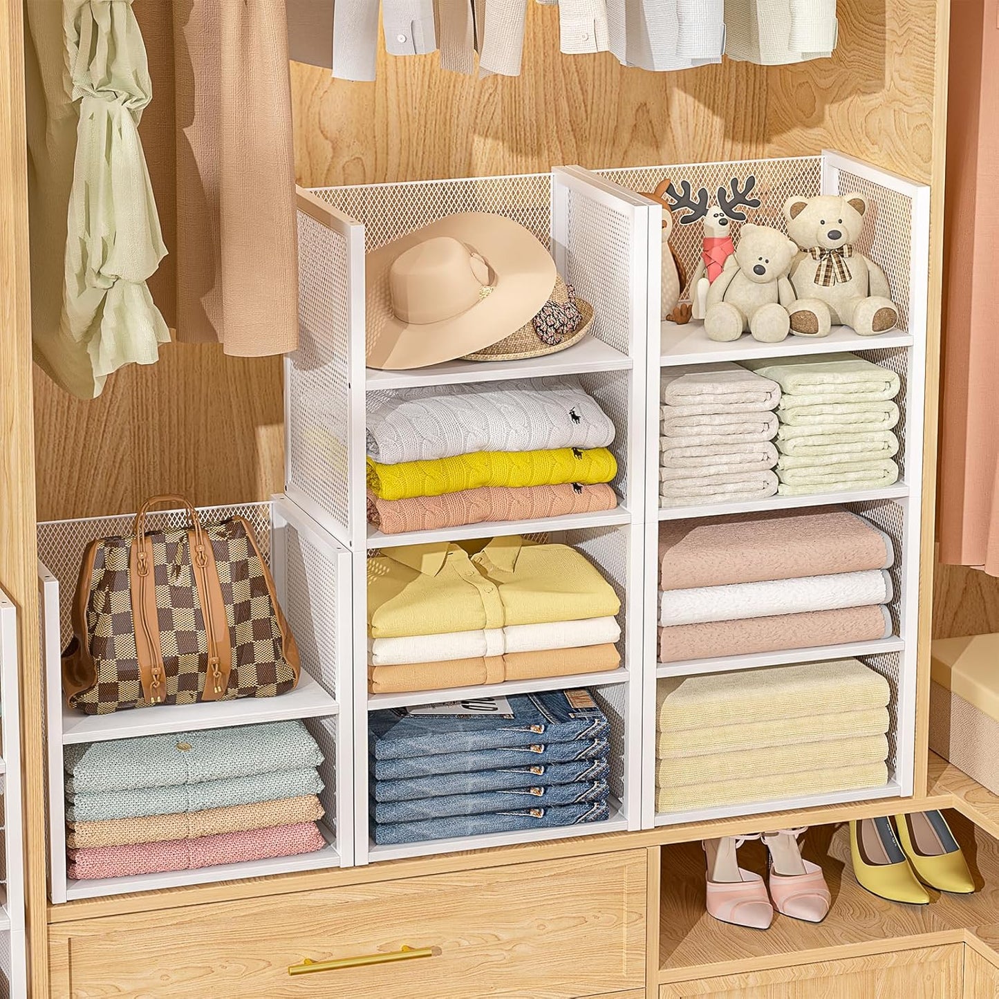 2-Tier Stackable Closet Organizers - Wire Shelf Storage Bins for Clothes | White Multifunctional Cube for Wardrobe & Laundry Room