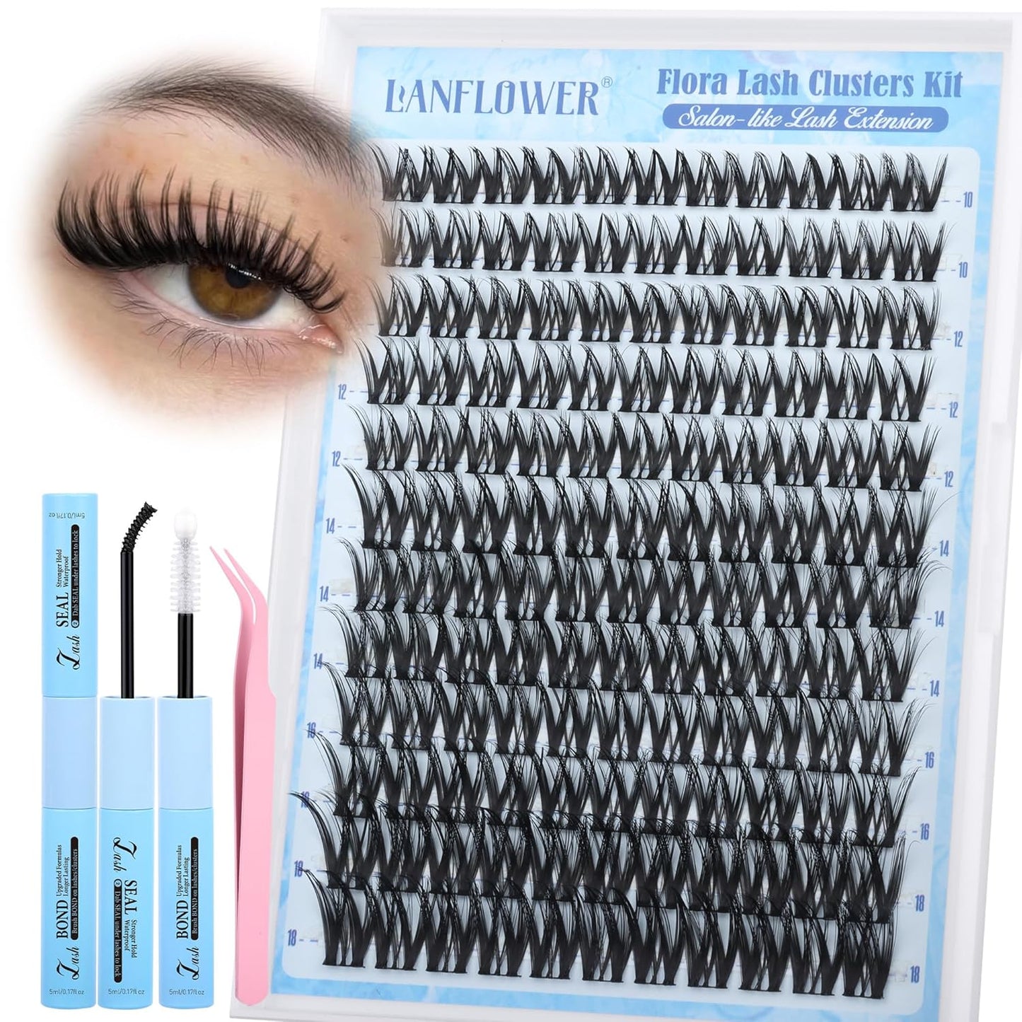 Natural Lash Clusters Kit - Wispy C Curved Eyelash Extensions | 8-16mm Individual Lashes with Bond & Tweezers