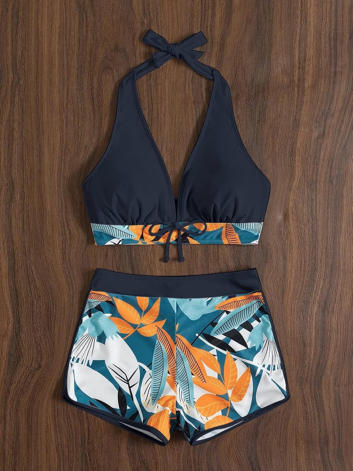Women’s High Waisted Boyshort Bikini Set - Halter Top with Front Tie Leaf Print 2 Pieces Swimsuit Modest Bathing Suit