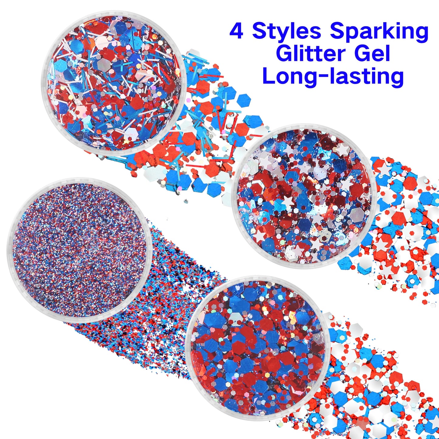 Paminify 4 Jars Red White Blue Hair Glitter,4th of July Body Face Glitter,USA Star Patriotic Sparkle Makeup for Football Games,Fourth of July Outfits for Women,Independence Day Accessories,40g/1.41 oz