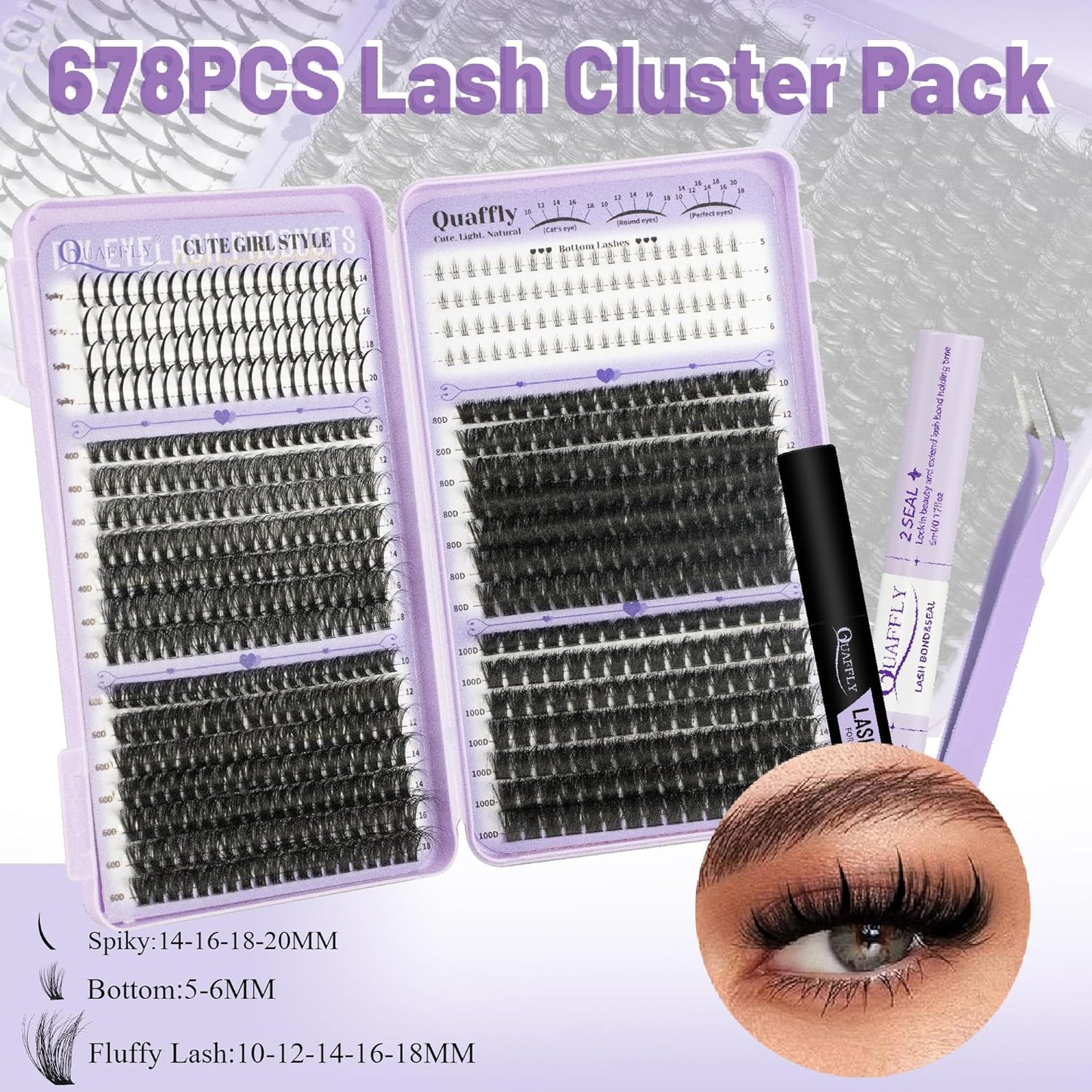 Lash Clusters Kit - 678PCS Individual Eyelash Extensions with Spikes & Bottom Lashes | Volume 40D, 60D, 80D, 100D