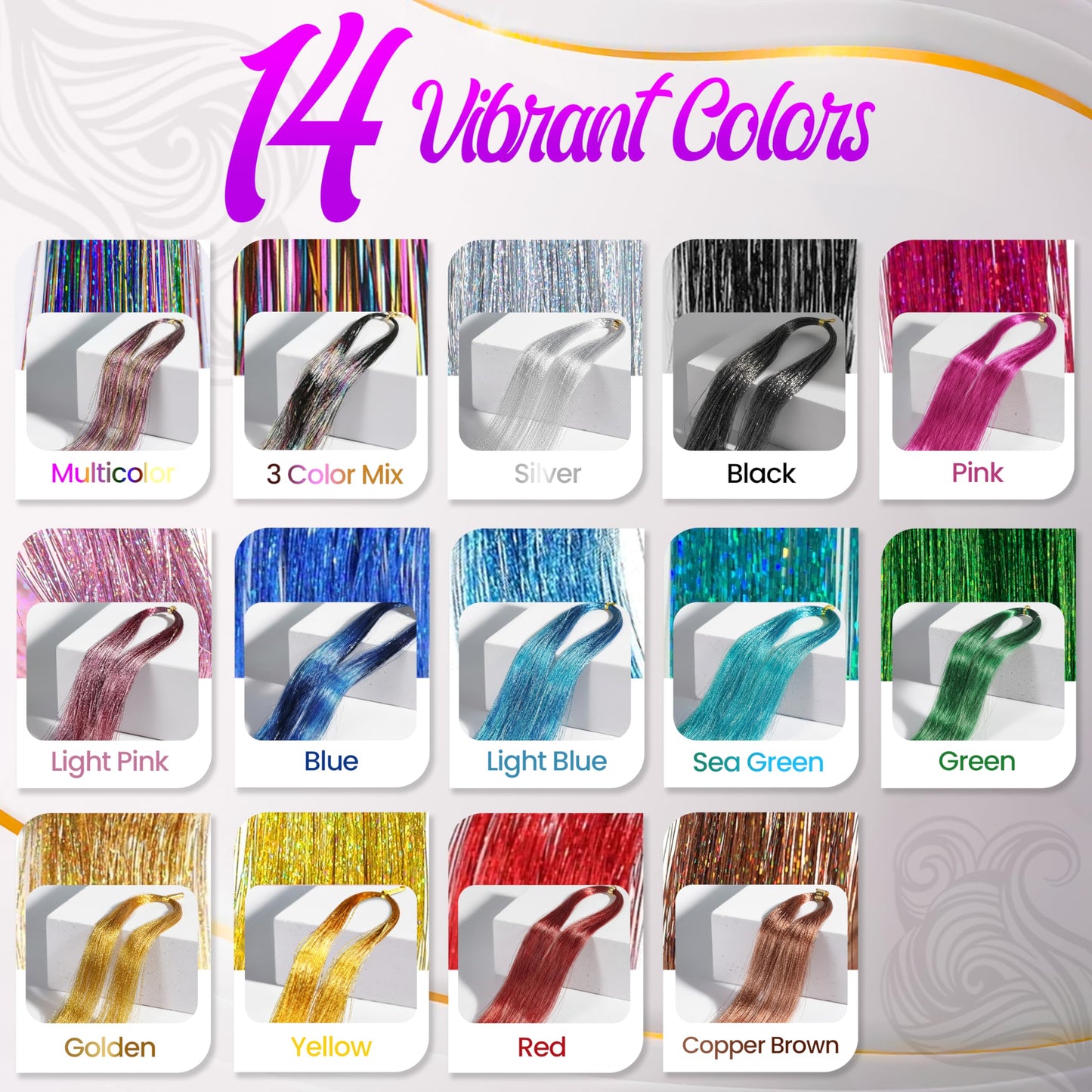 Stalvic Hair Tinsel Kit – 14 Colors, Up to 7200 Heat-Resistant Strands (48 Inch) with Wooden Threader, Crochet Tool, Pliers, Hair Bands, Hair Clips & Beads – For Girls, Women & Kids