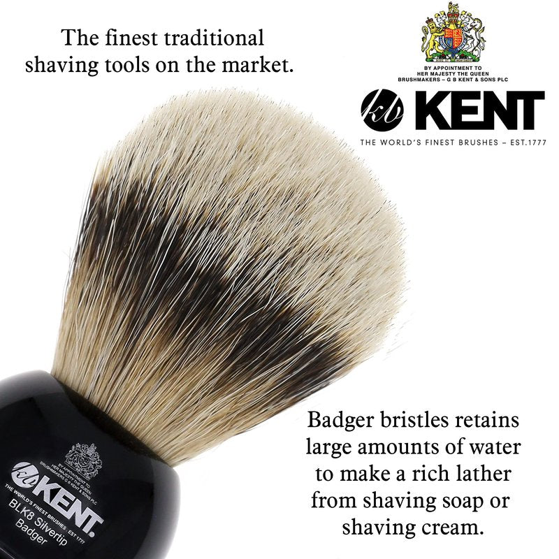 Kent BLK8 Shaving Brush with Soft Silvertip Badger Bristles and Black Resin Handle to use with Shave Cream or Soap for a Perfect Lather. Luxury Shaving Since 1777, Made in England
