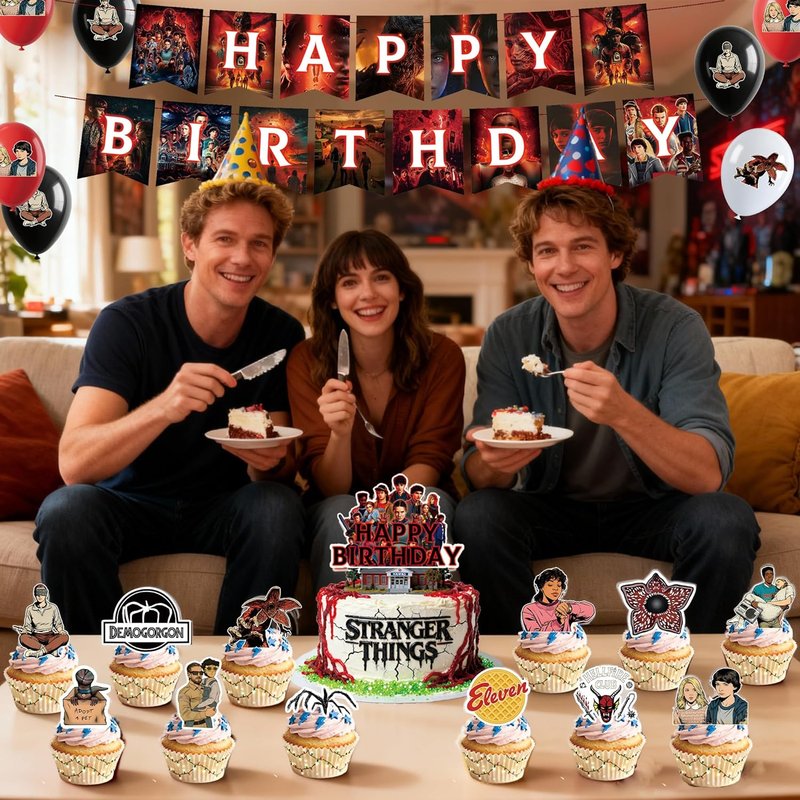 Stranger Things Party Supplies Set - 50pcs Birthday Decorations with Banner, Balloons, Swirls & Cupcake Toppers | Kids Theme Party