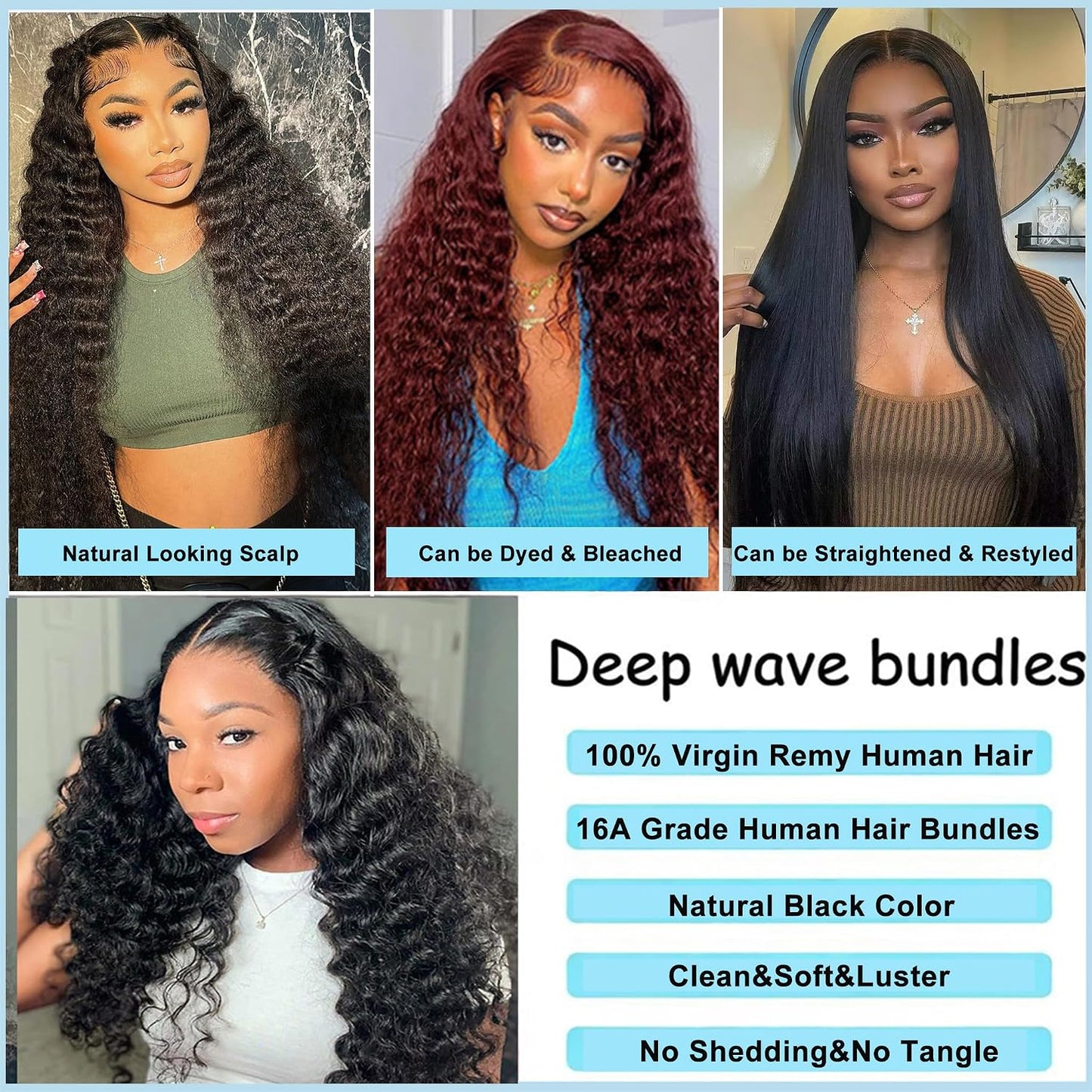 Human Hair Bundles - 100% Unprocessed Brazilian Virgin Deep Wave | 20-Inch Curly Weave Extensions for Women - Natural Black